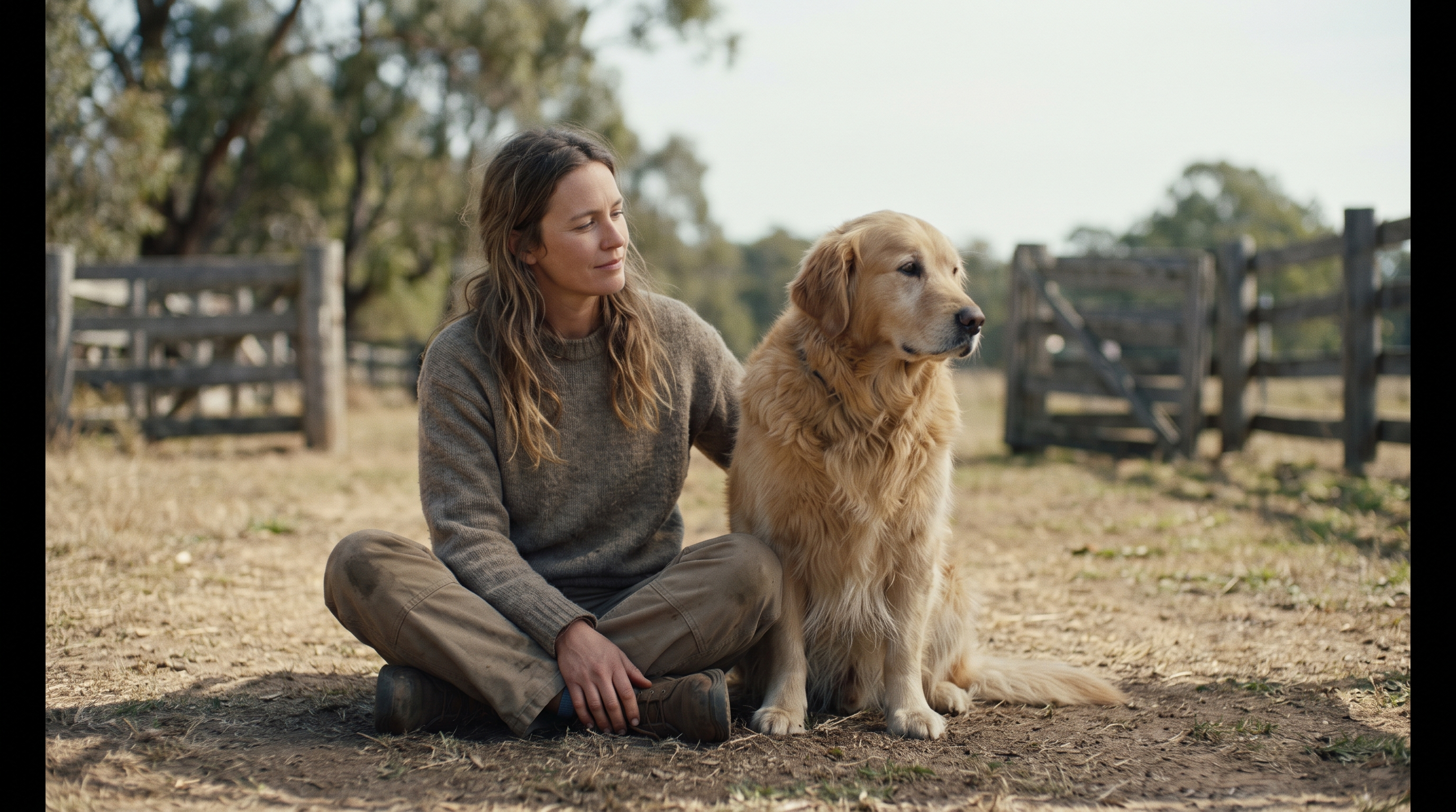 Calm relaxed dog sitting beside its owner, soft loose body language
