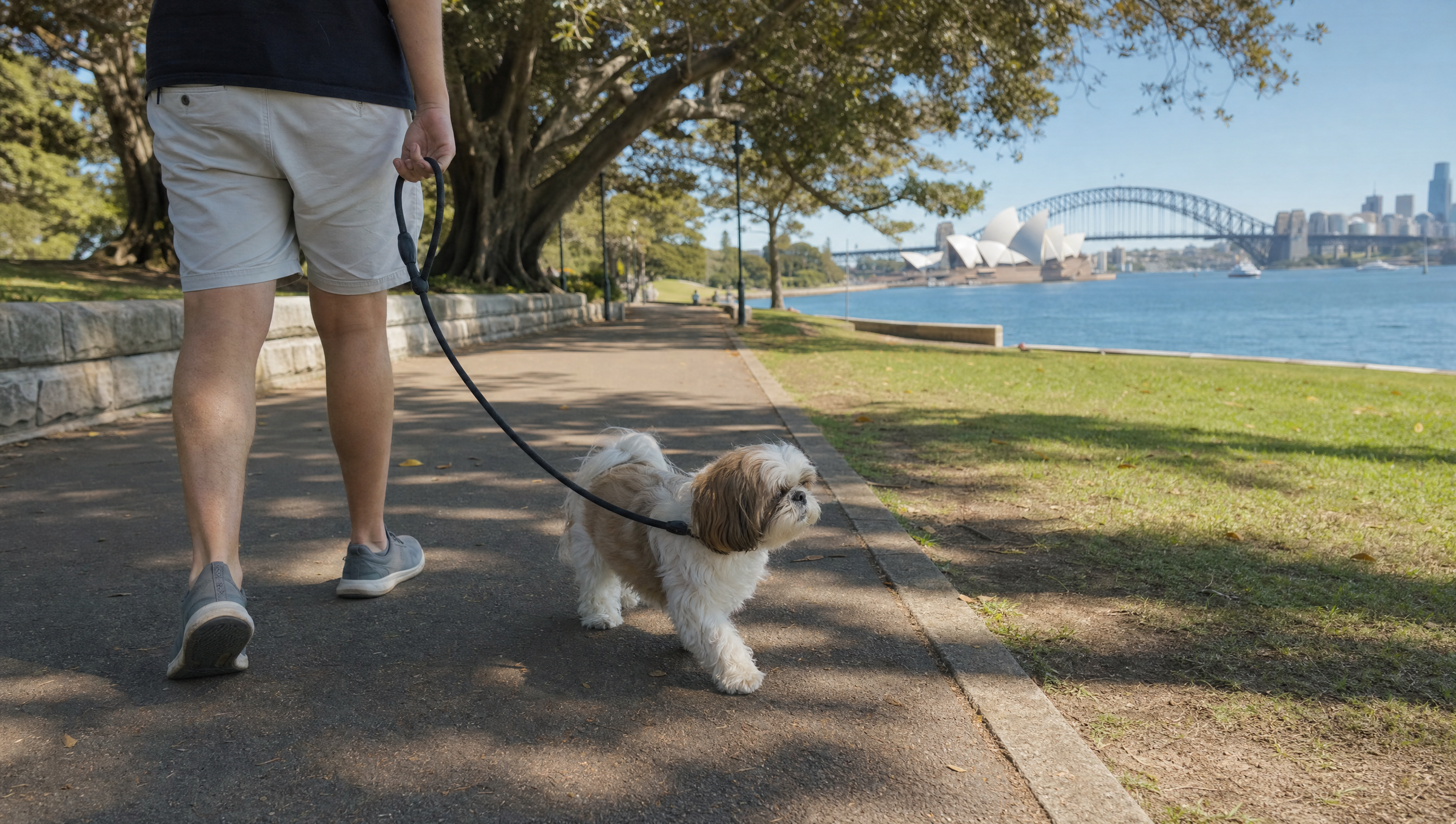 Shih Tzu on a loose lead during a Sydney park walk