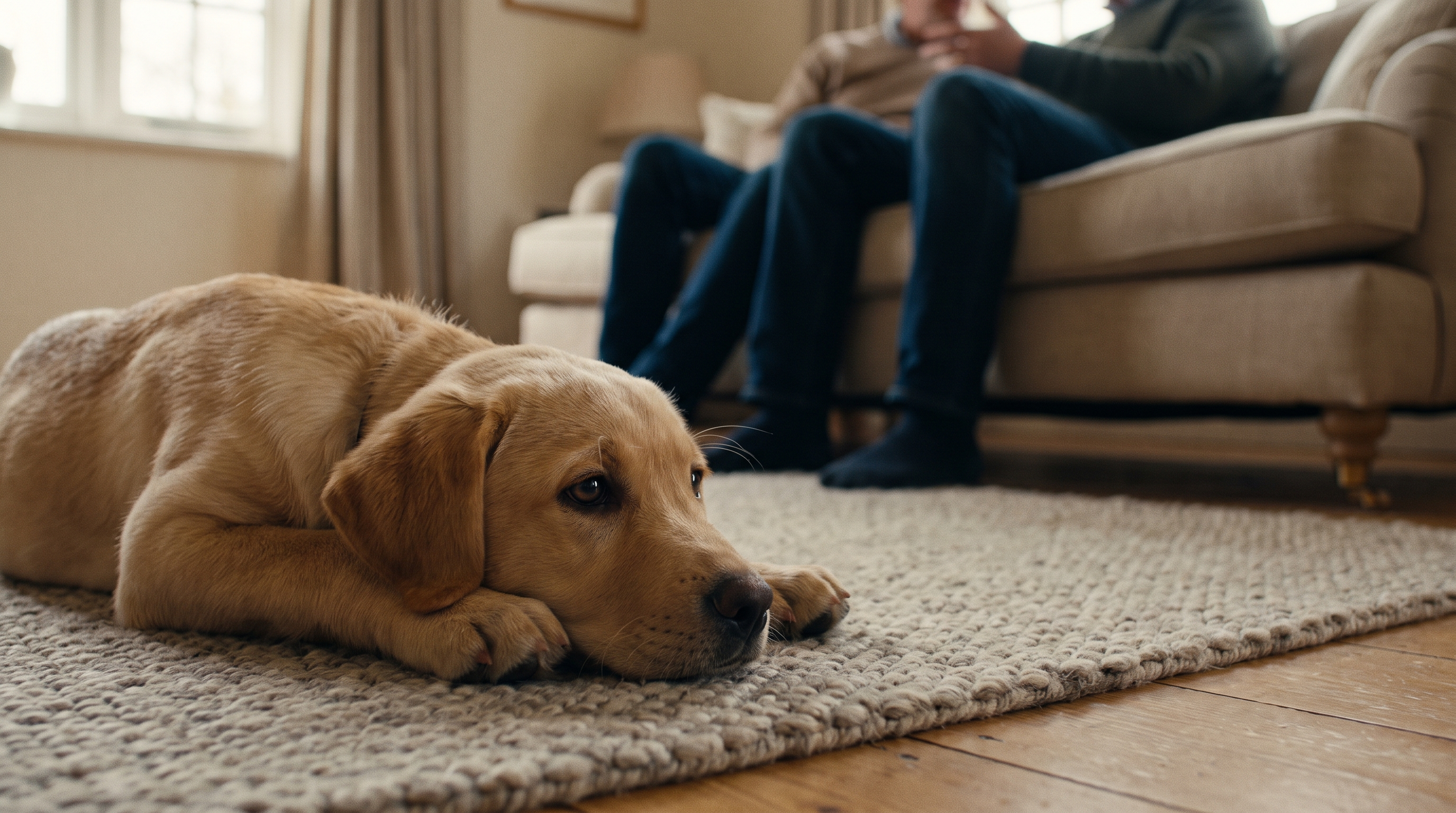 Puppy settled calmly on a rug while visitors talk, puppy socialisation window, The Toe Beans Co