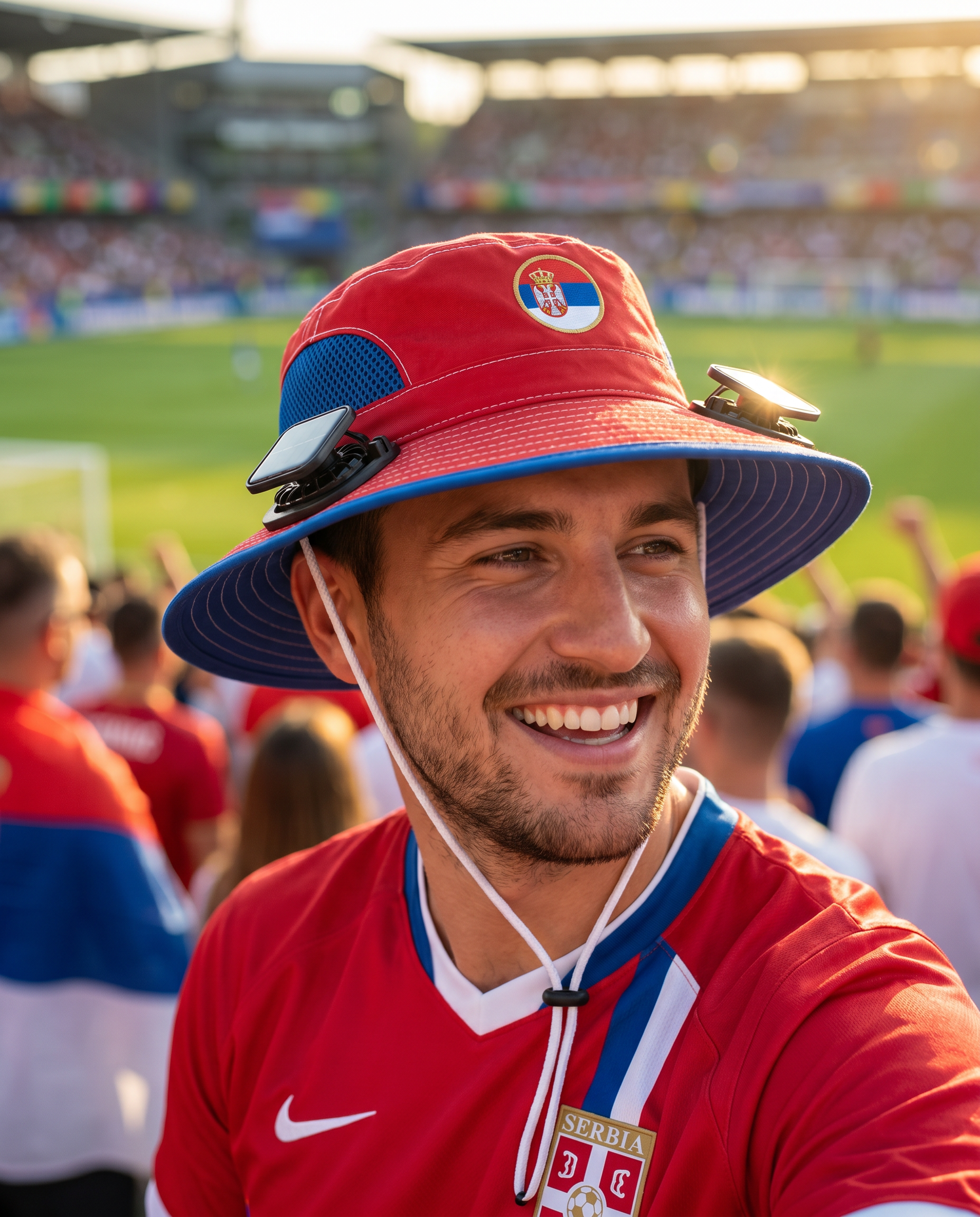 Man wearing the Serbia solar cooling fan hat at a sunny World Cup fan zone
