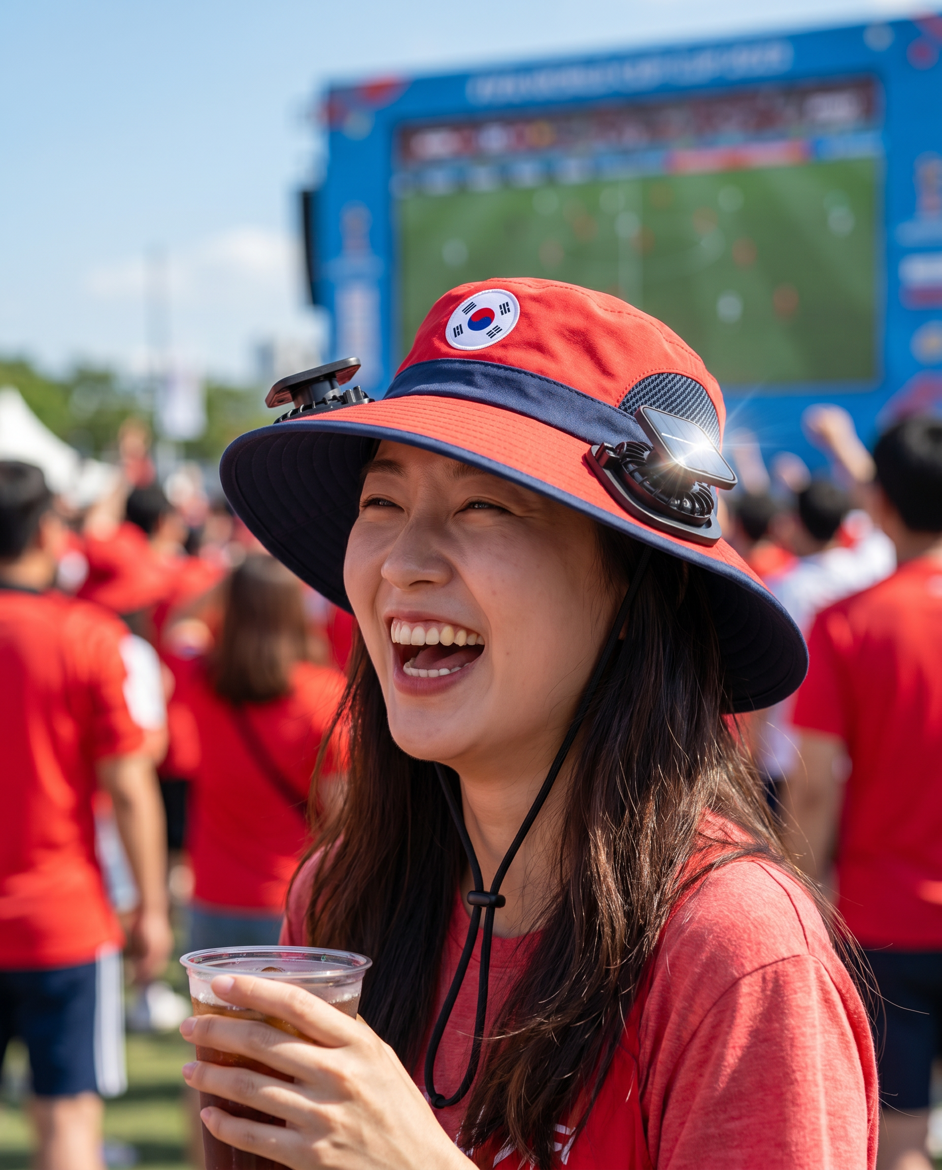 Woman wearing the South Korea solar cooling fan hat at a sunny World Cup watch party