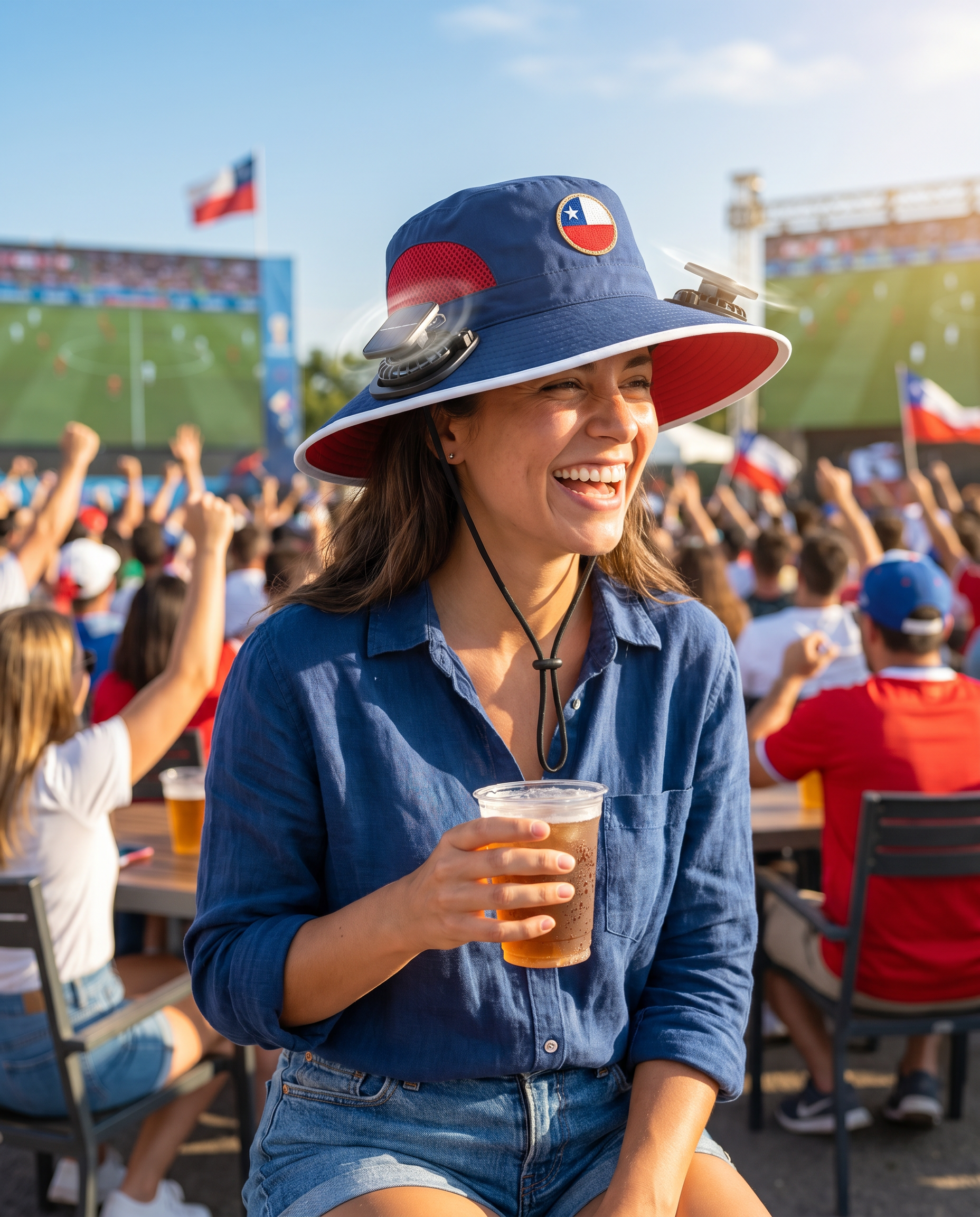 Woman wearing the Chile solar cooling fan hat at a sunny World Cup watch party