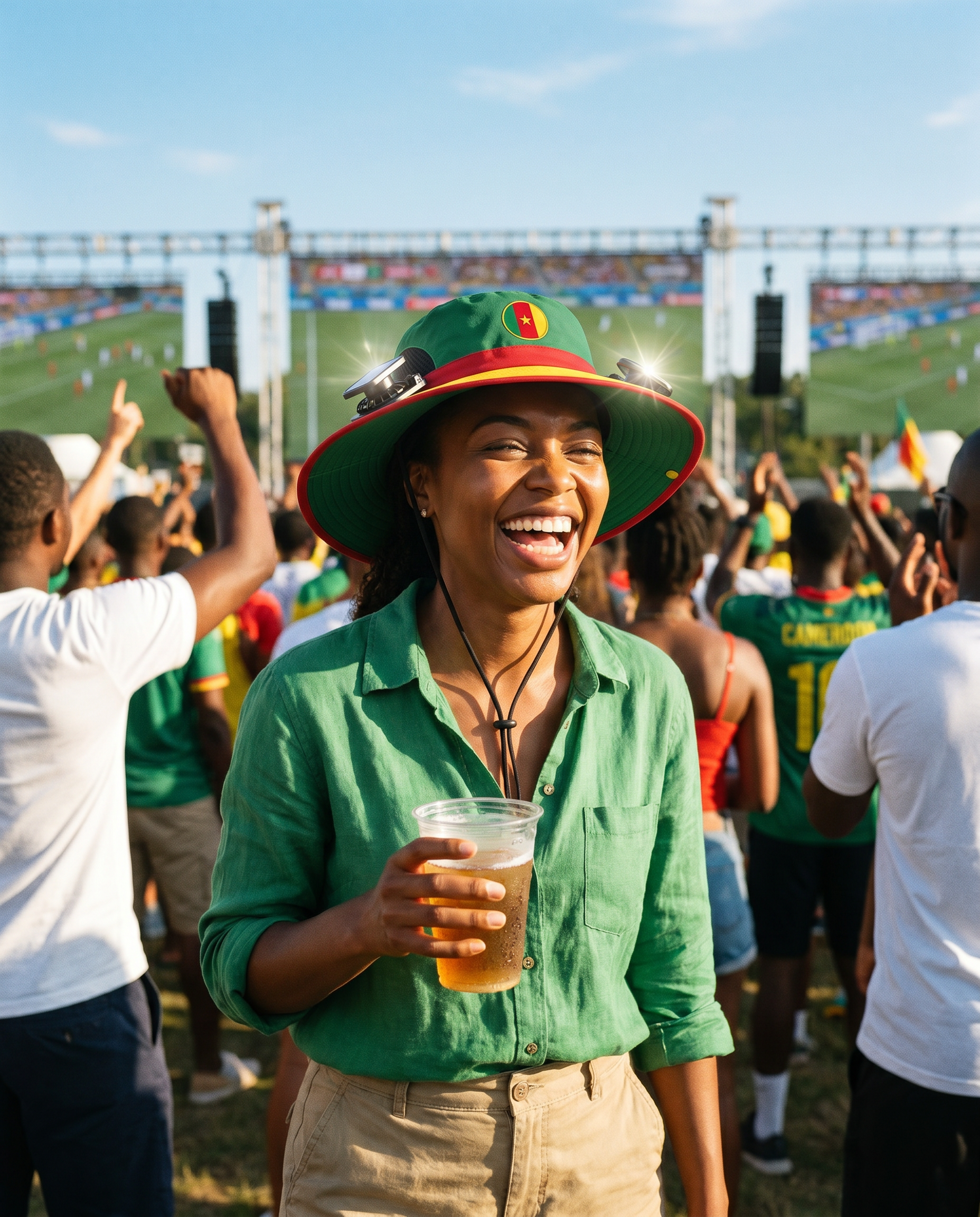 Woman wearing the Cameroon solar cooling fan hat at a sunny World Cup watch party