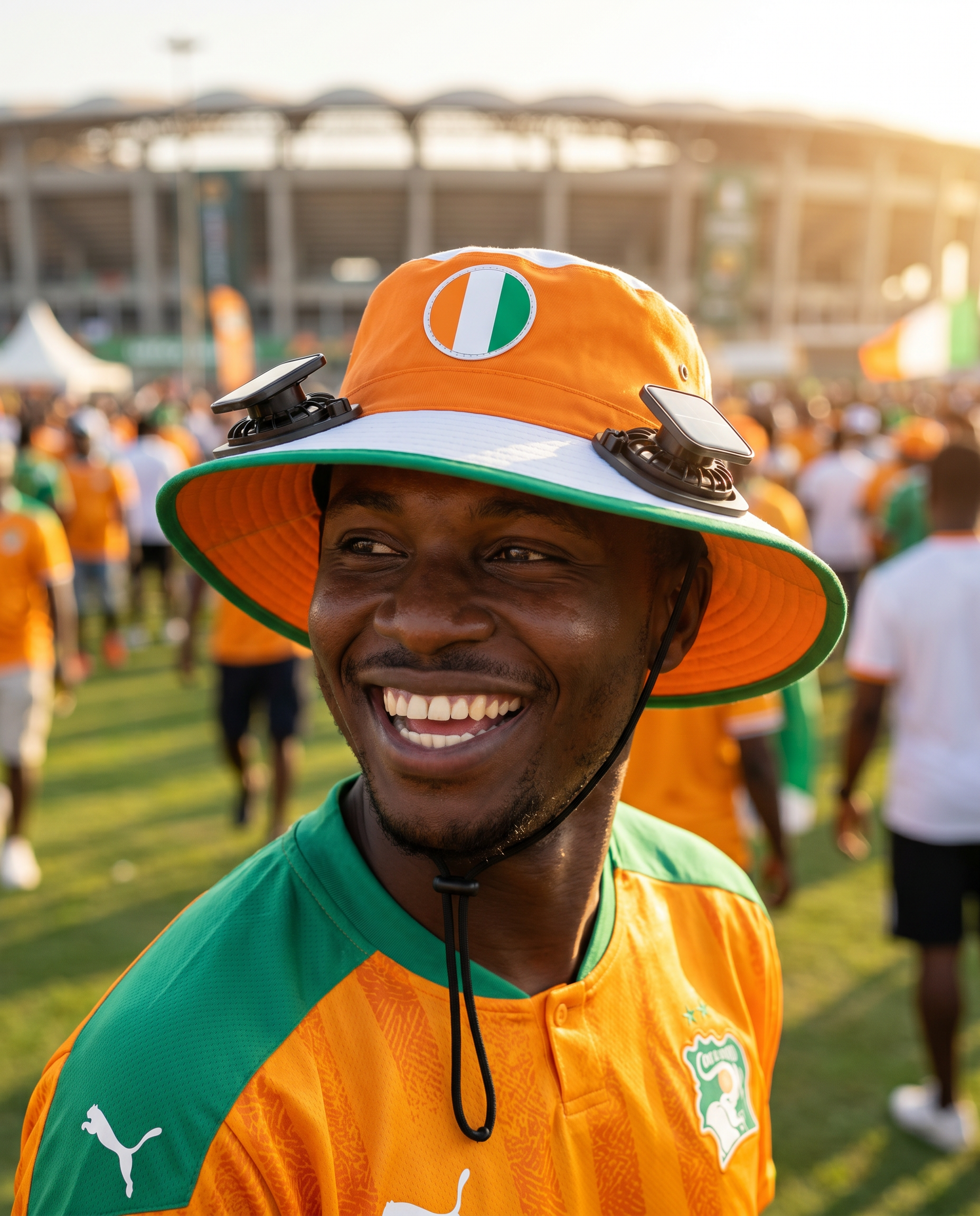 Man wearing the Ivory Coast solar cooling fan hat at a sunny World Cup fan zone