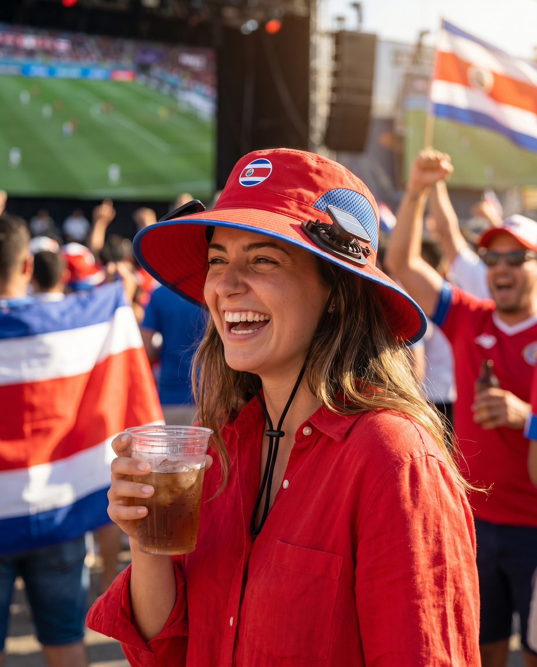 Woman wearing the Costa Rica solar cooling fan hat at a sunny World Cup watch party