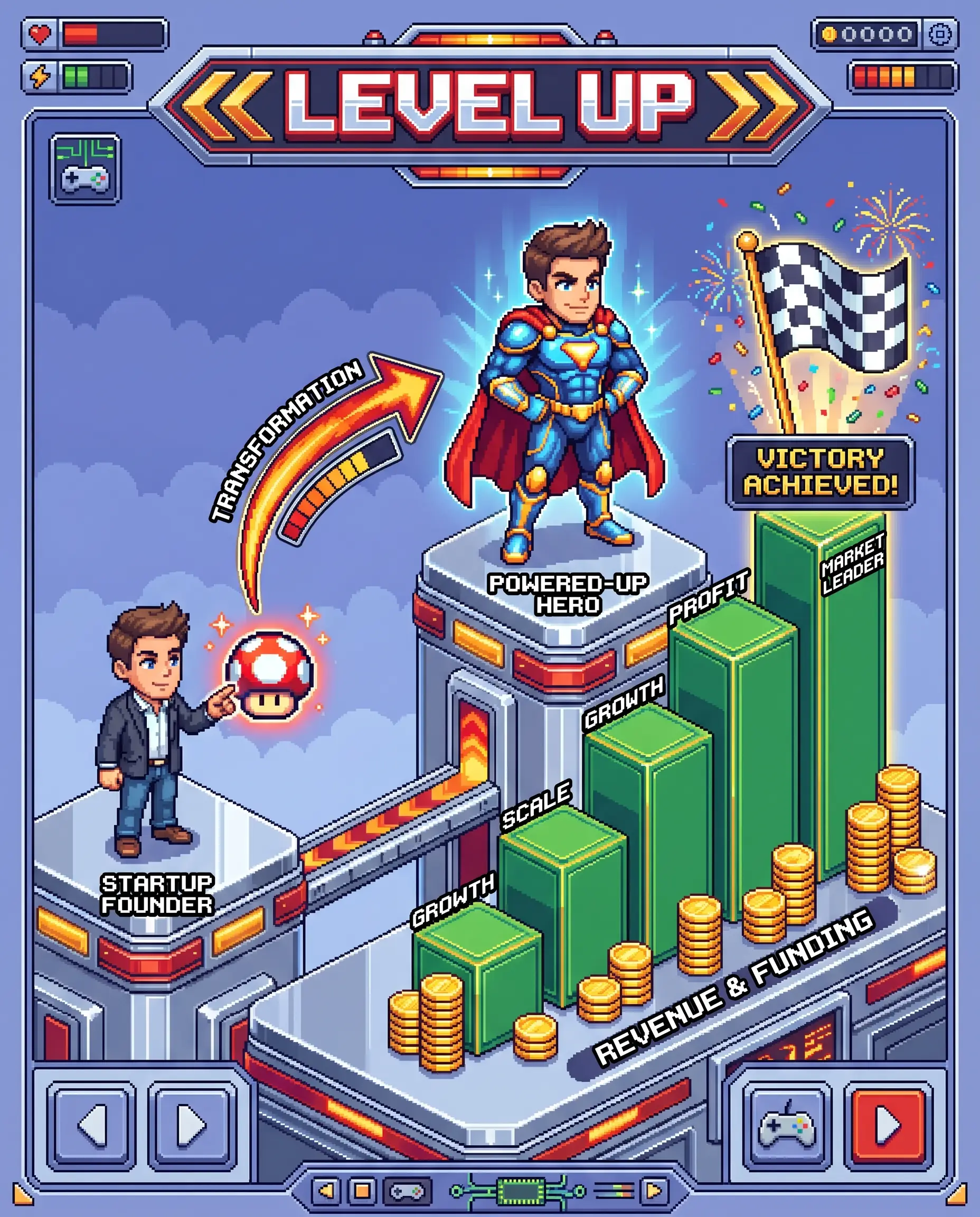 Game-style growth chart: a B2B SaaS · Series A powers up from small to a maxed-out hero, €0 to €1.2M qualified pipeline in 90 days on one Allbound motion