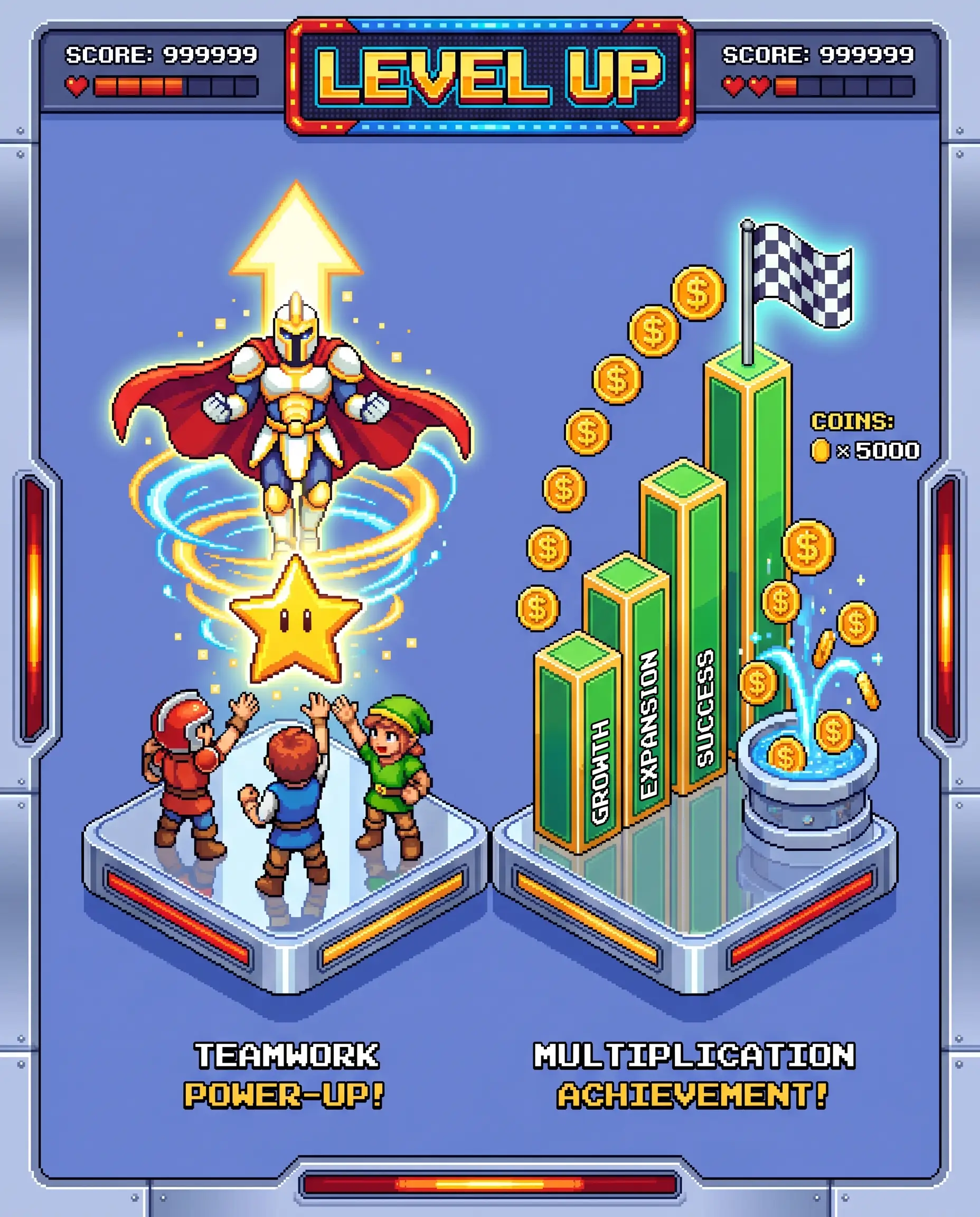 Game-style growth chart: a Boutique agency powers up from small to a maxed-out hero, One signal layer turned outbound and content into a single compounding engine