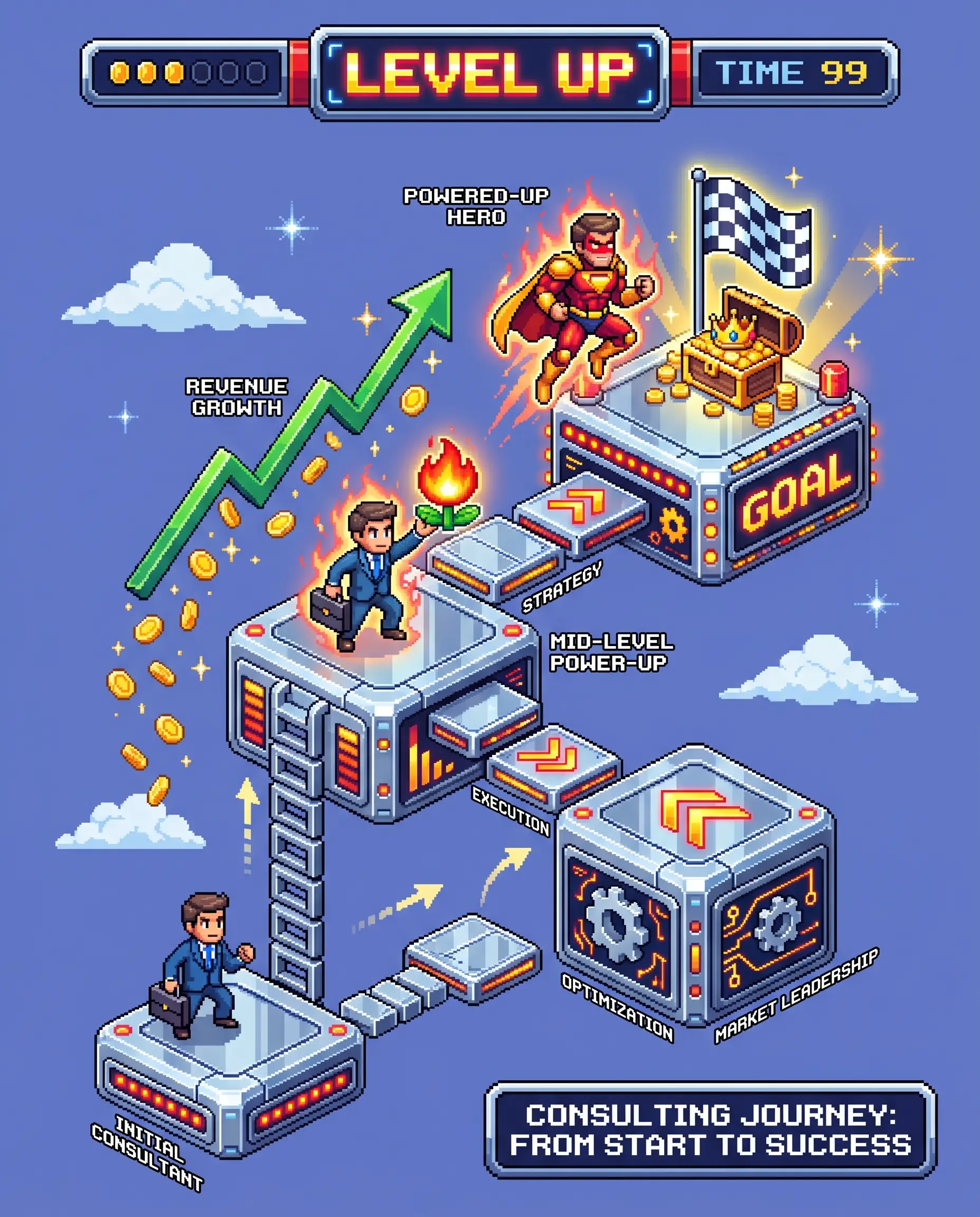 Game-style growth chart: a Personal brand · consultant powers up from small to a maxed-out hero, A content and ABM flywheel that books calls while you sleep