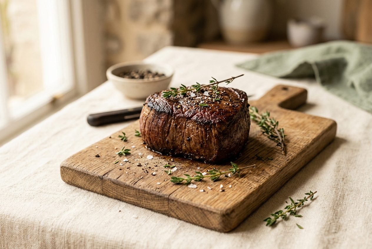 A center-cut beef tenderloin seared to a deep brown crust, resting on a wooden board with thyme