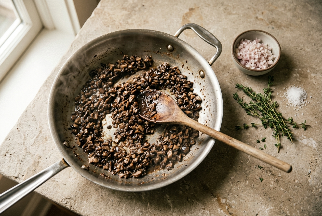 Finely chopped mushroom duxelles cooking down dark and glossy in a skillet with a wooden spoon