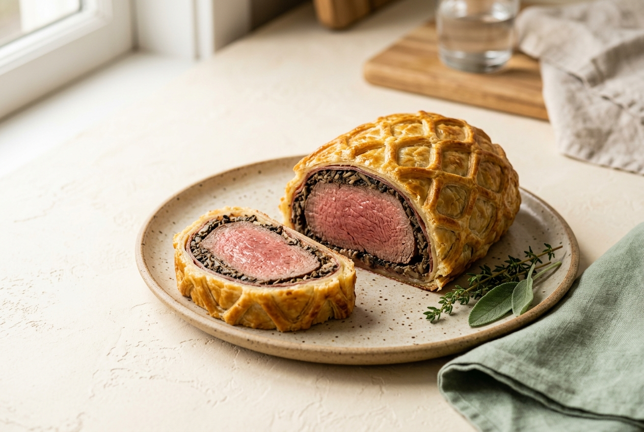 A sliced Beef Wellington showing golden pastry, a dark mushroom layer, and a rosy medium-rare center
