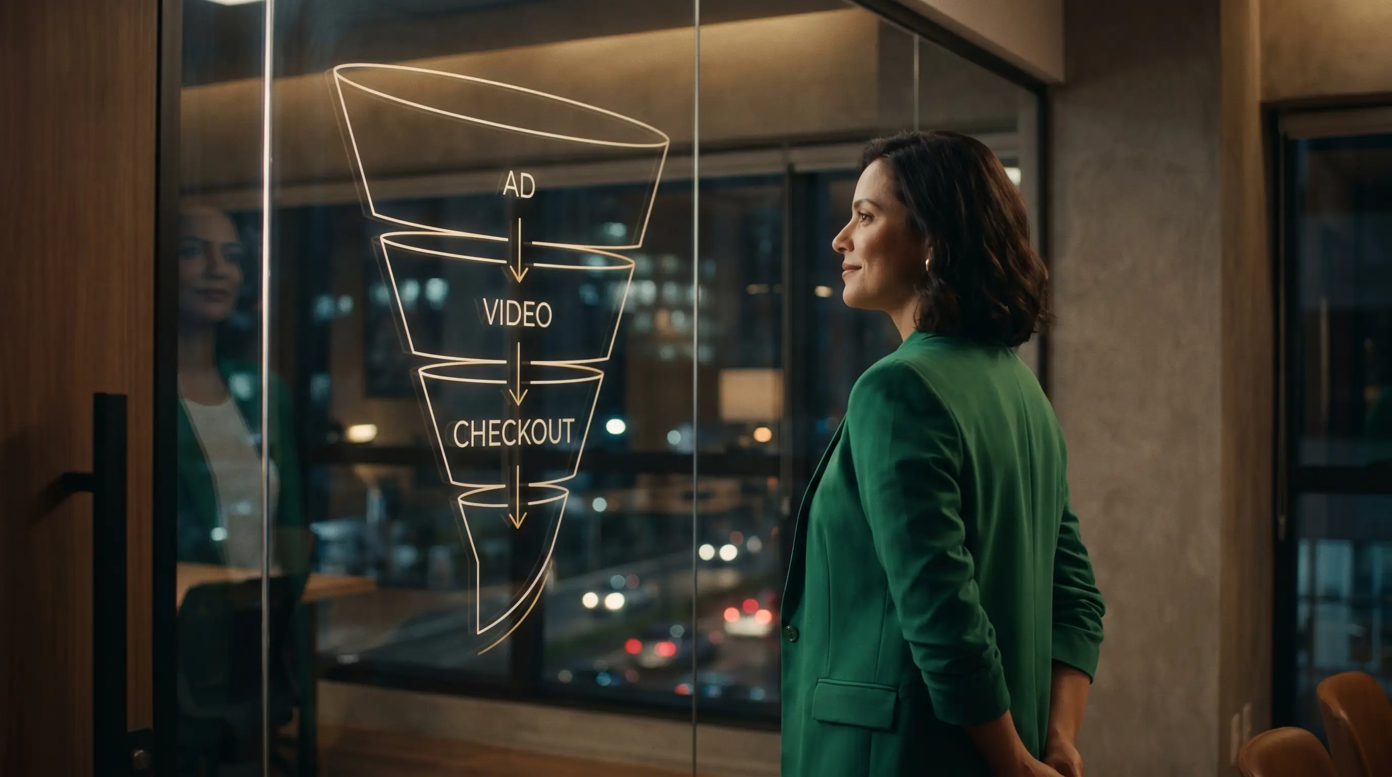 Fundadora observando o blueprint de um funil de VSL projetado em uma parede de vidro, à noite