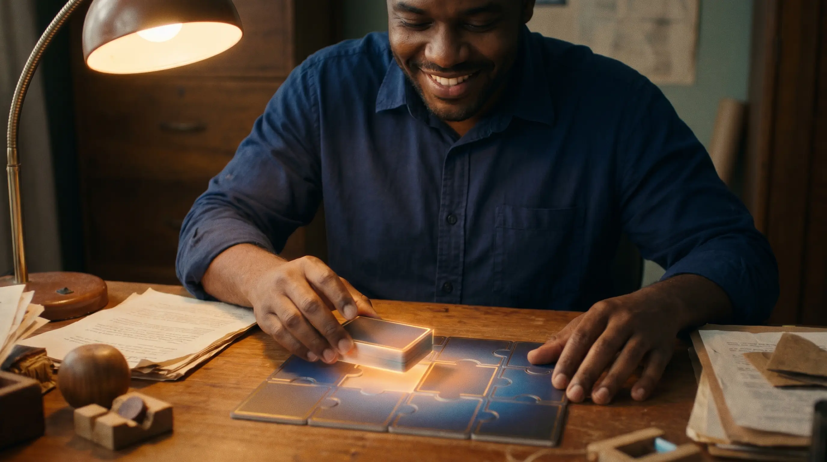 Empreendedor montando as peças de uma oferta como um quebra-cabeça sobre a mesa