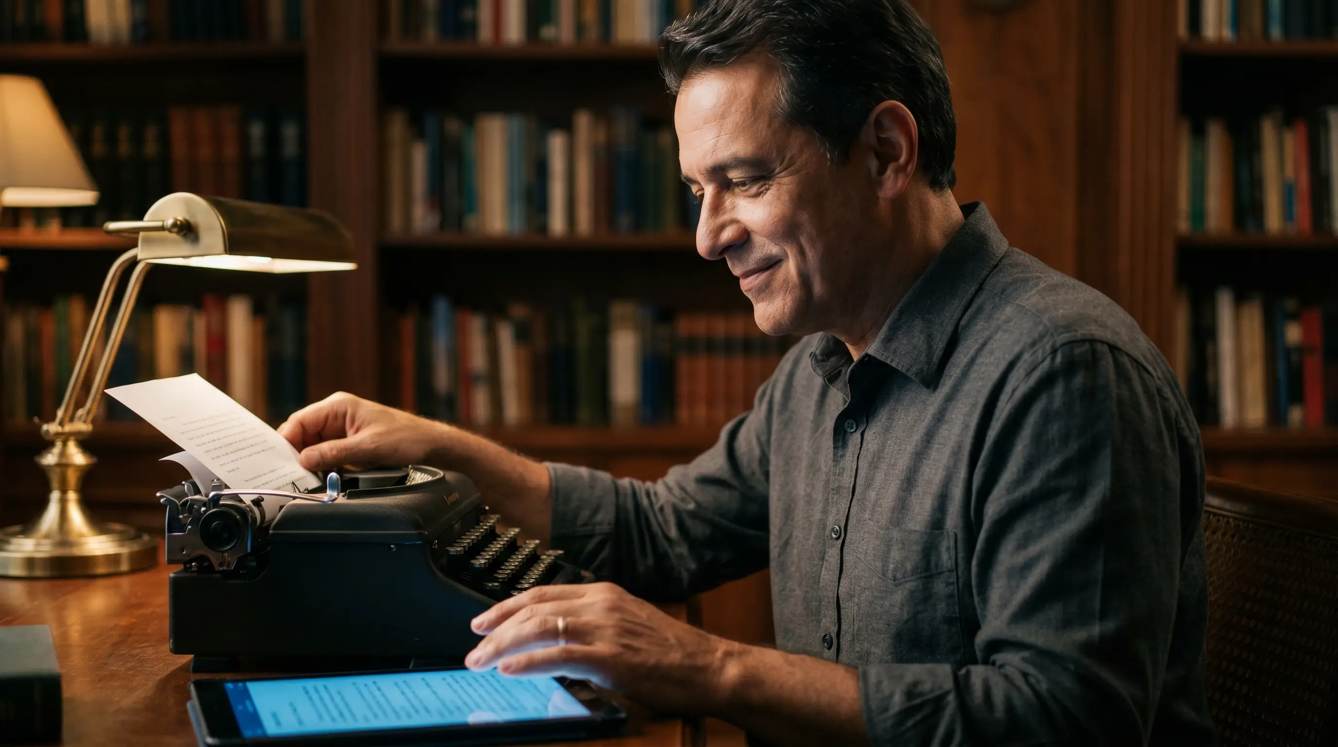 Homem entre uma máquina de escrever antiga e uma tela moderna, unindo o velho e o novo do direct response