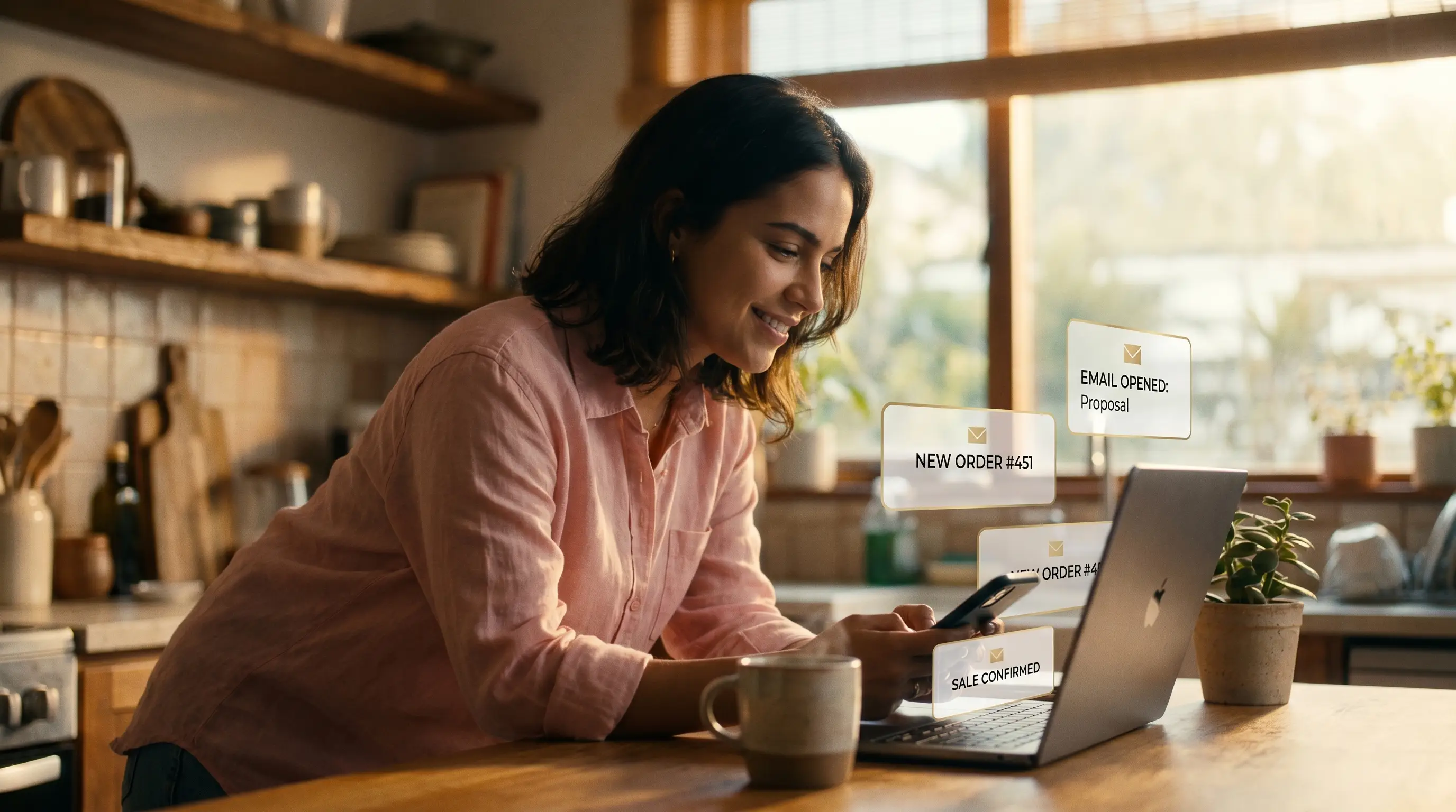 Mulher na cozinha ao amanhecer sorrindo com notificações de vendas por e-mail surgindo na tela