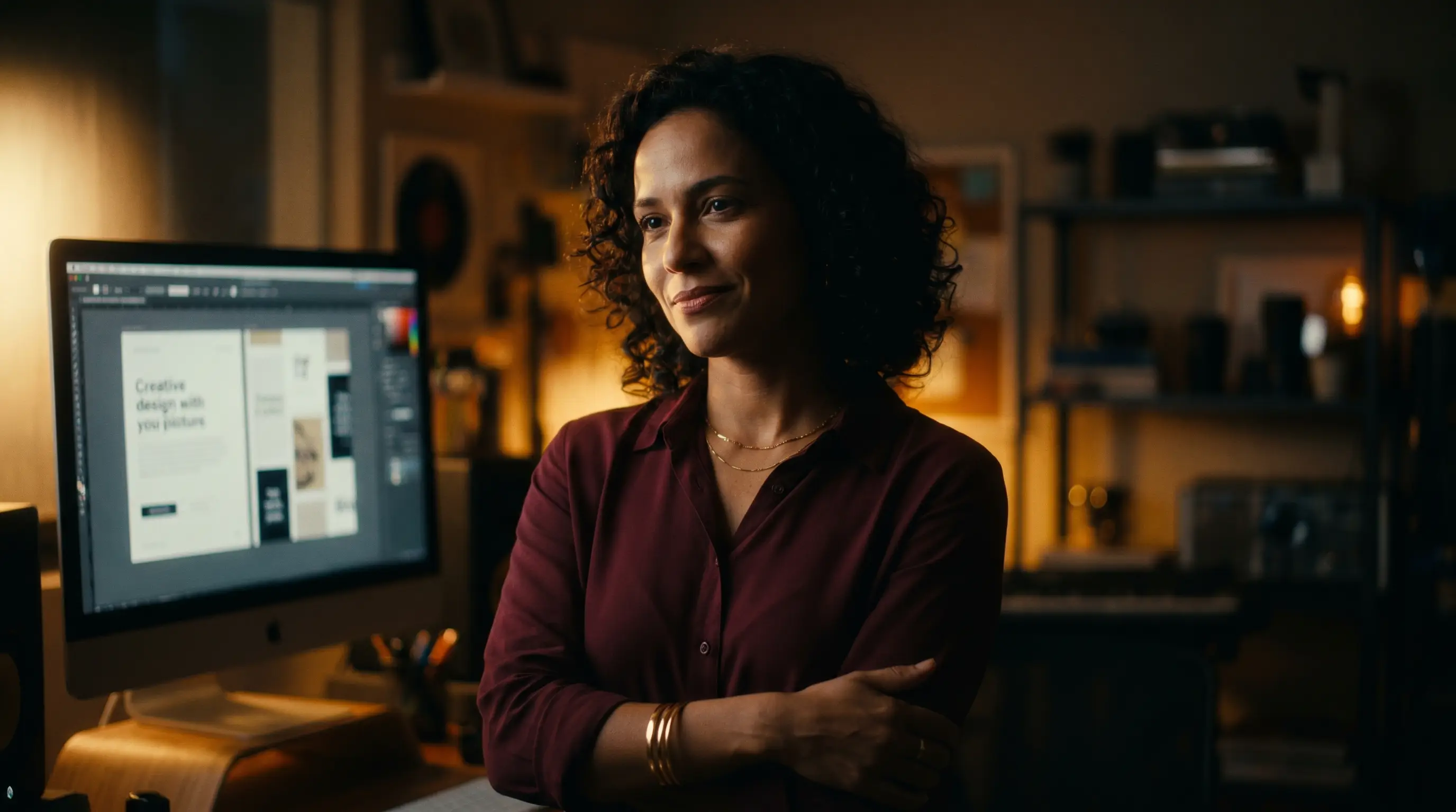 Copywriter confiante diante de uma tela em luz dramática, a IA como ferramenta e não substituta