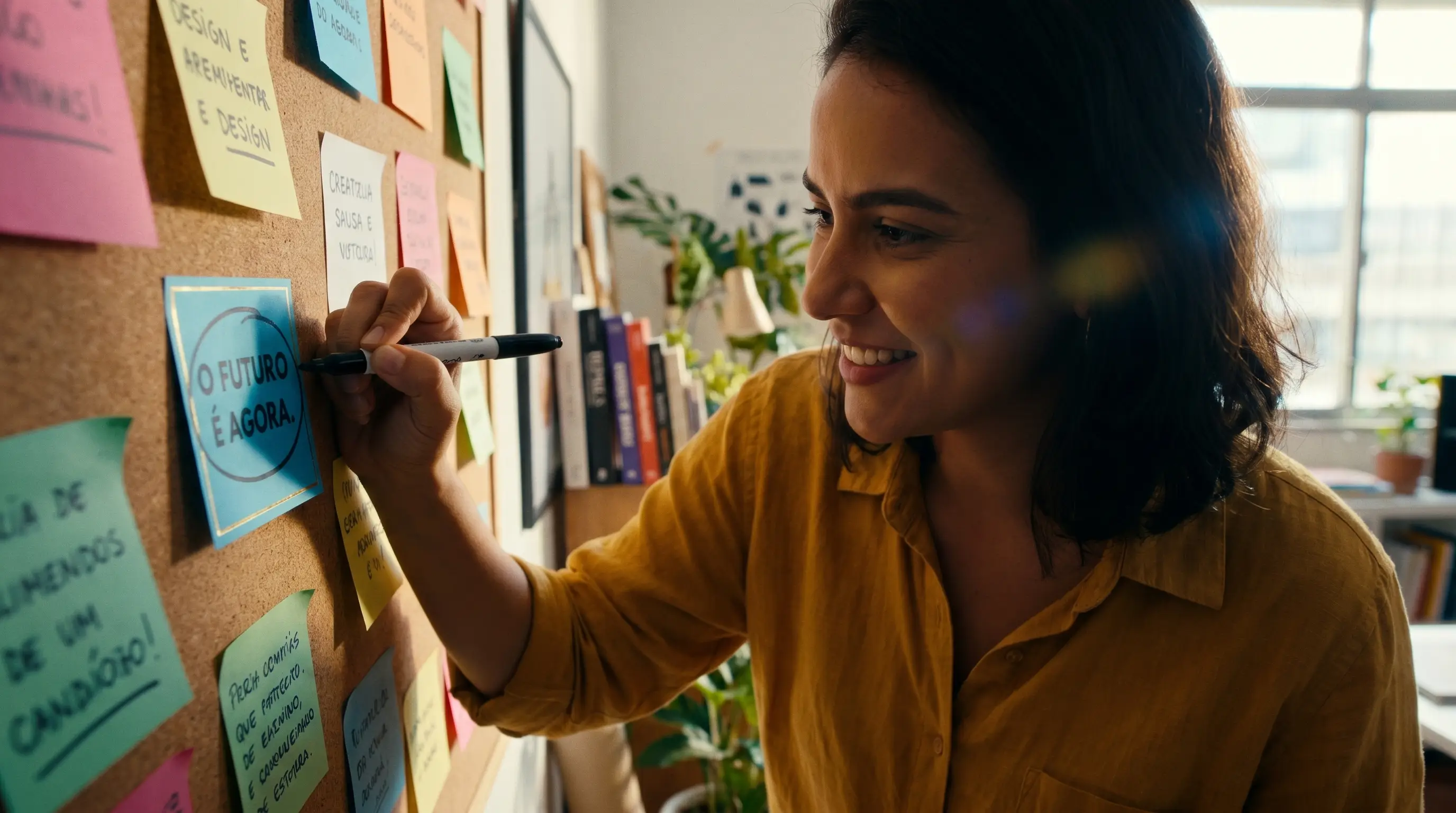 Mulher circulando a headline mais específica num mural de post-its de títulos