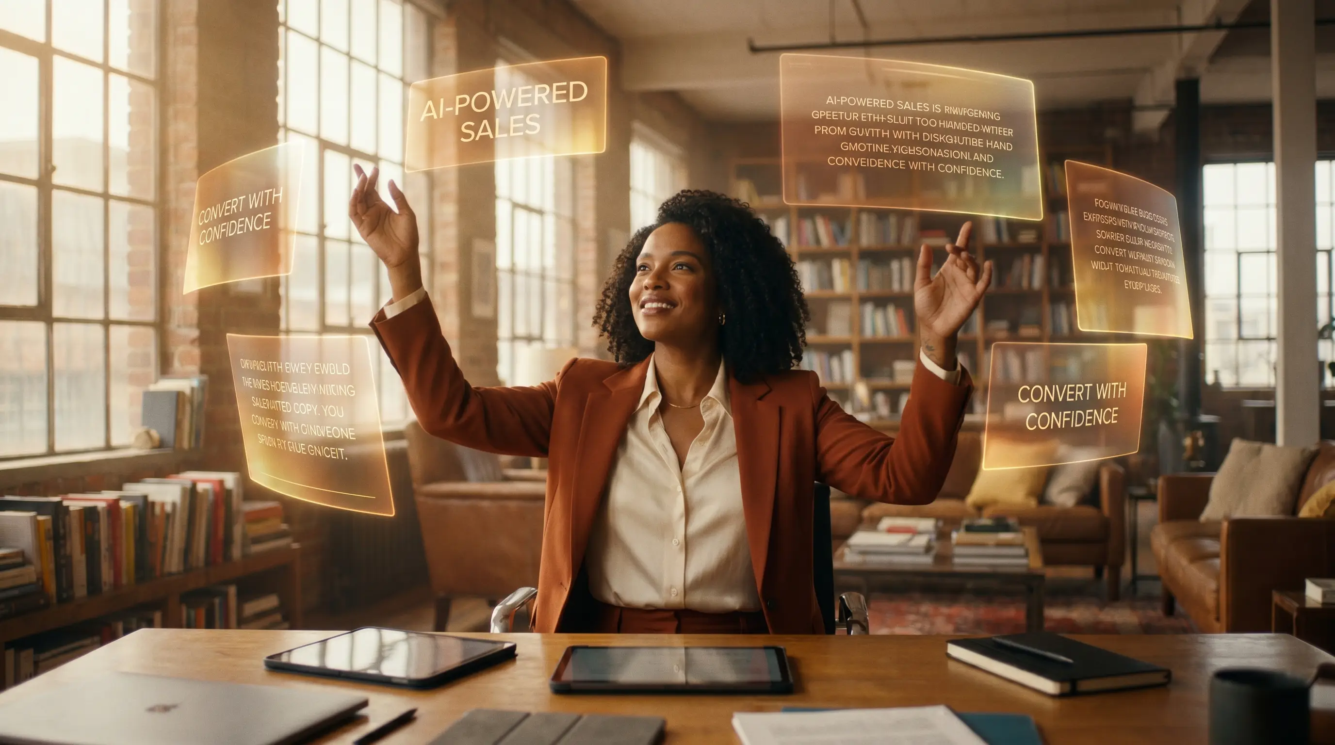 Mulher comandando telas flutuantes de copy de VSL como uma maestrina, em workspace de luz dourada