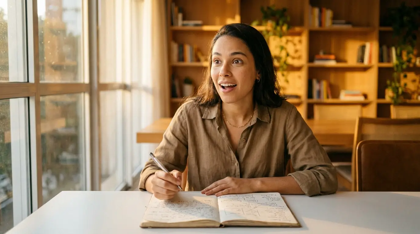 Mulher em desk com notebook de story arcs tendo momento de insight, luz dourada cinematográfica