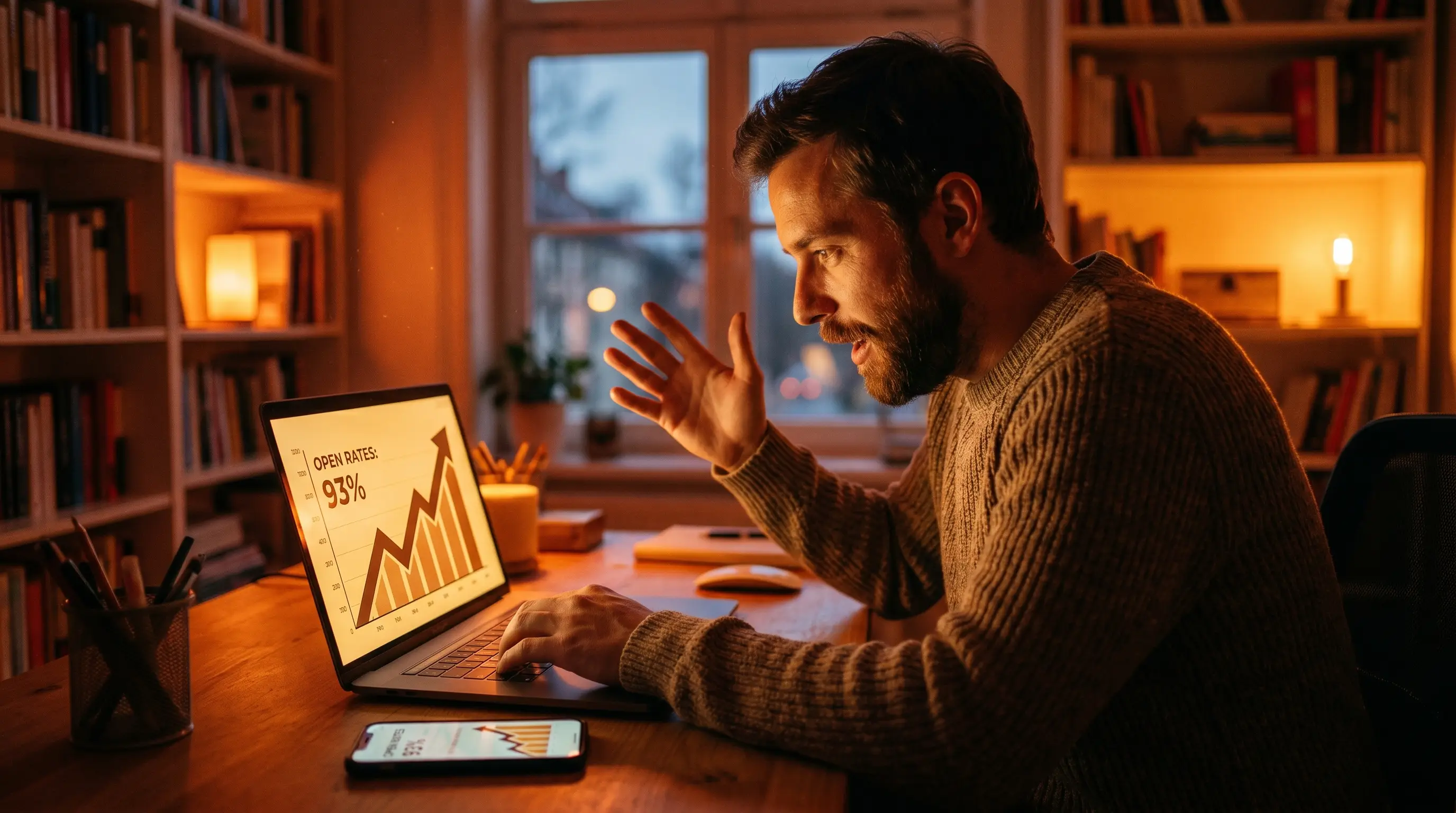 Profissional de marketing no momento de virada ao visualizar a taxa de abertura do email subindo na tela