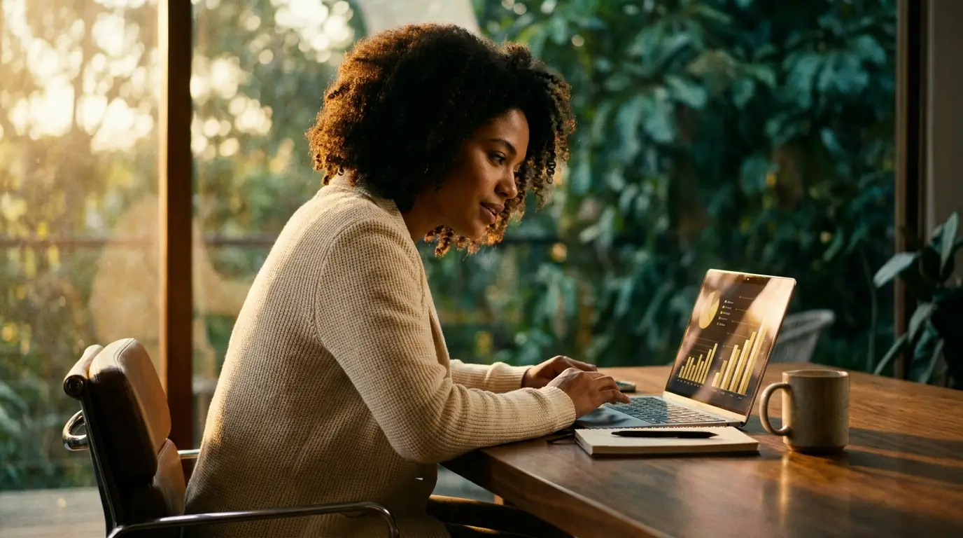 Empreendedora analisando painel de funil de vendas com gráficos dourados em laptop moderno