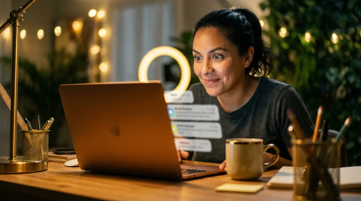 Mulher em frente ao notebook com expressão de satisfação ao ver notificações de vendas durante um lançamento, iluminada por luz âmbar
