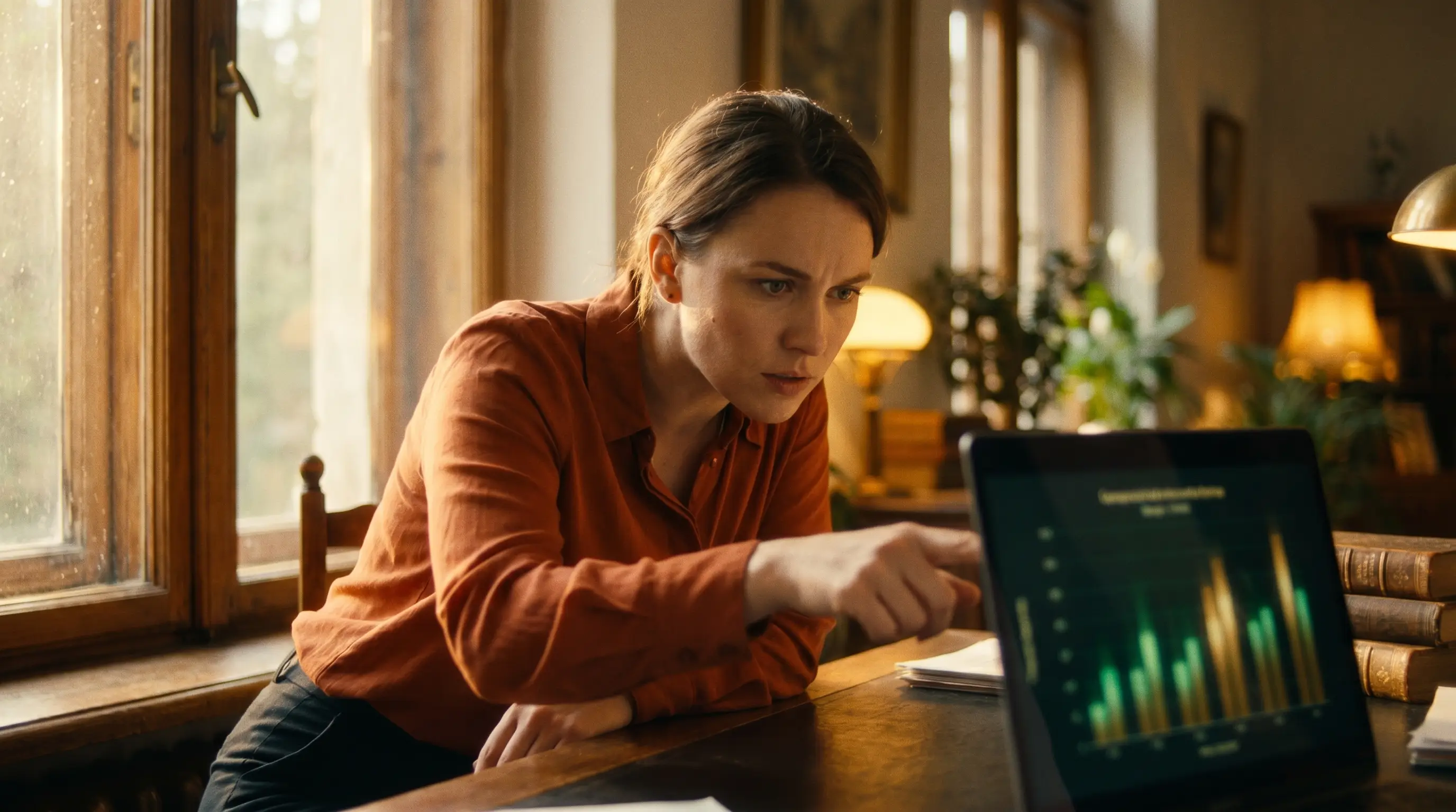 Profissional de marketing analisando resultados de Google Ads no laptop com expressão de descoberta, luz dourada cinematográfica