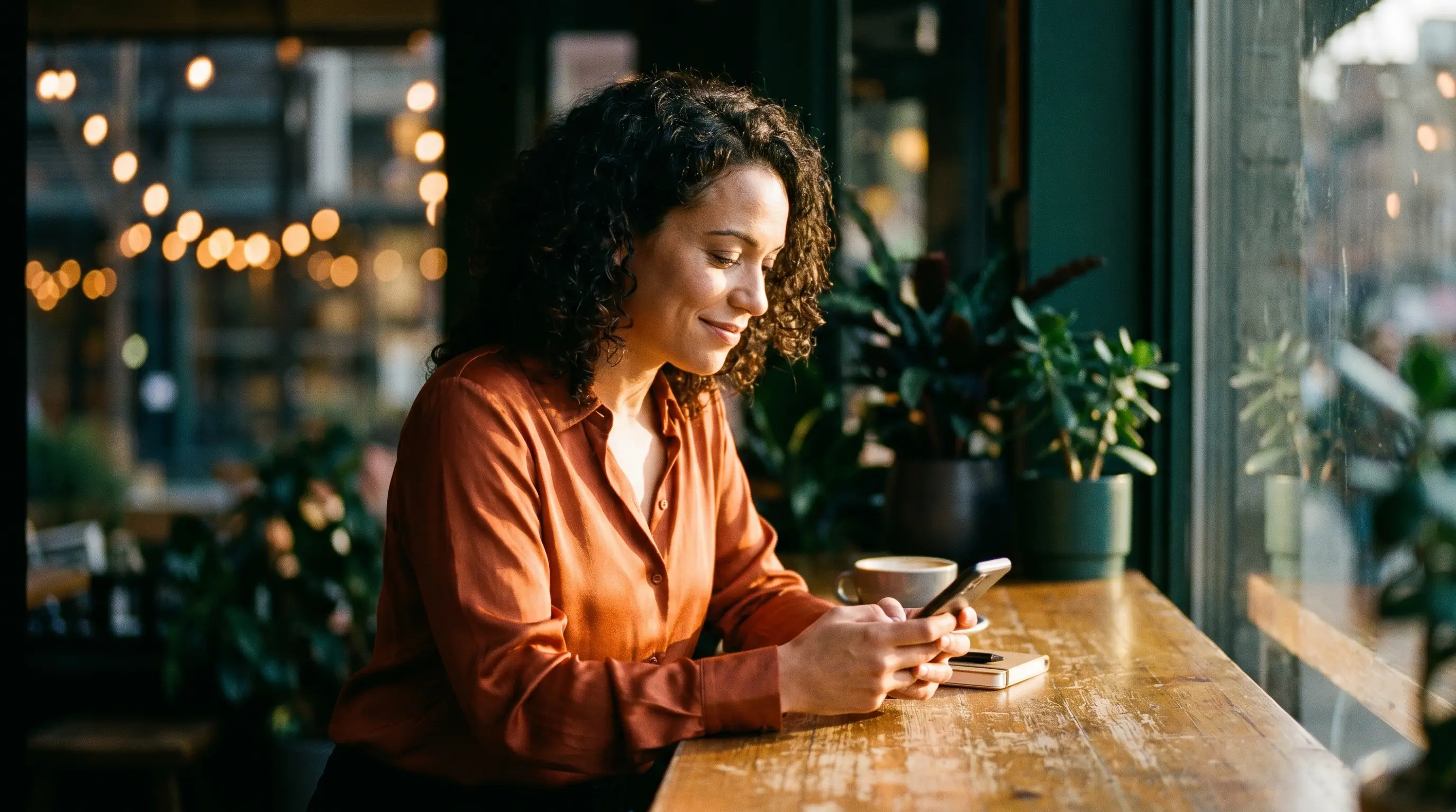 Mulher em cafe urbano lê mensagem no celular com expressão de satisfação, luz dourada cinematográfica