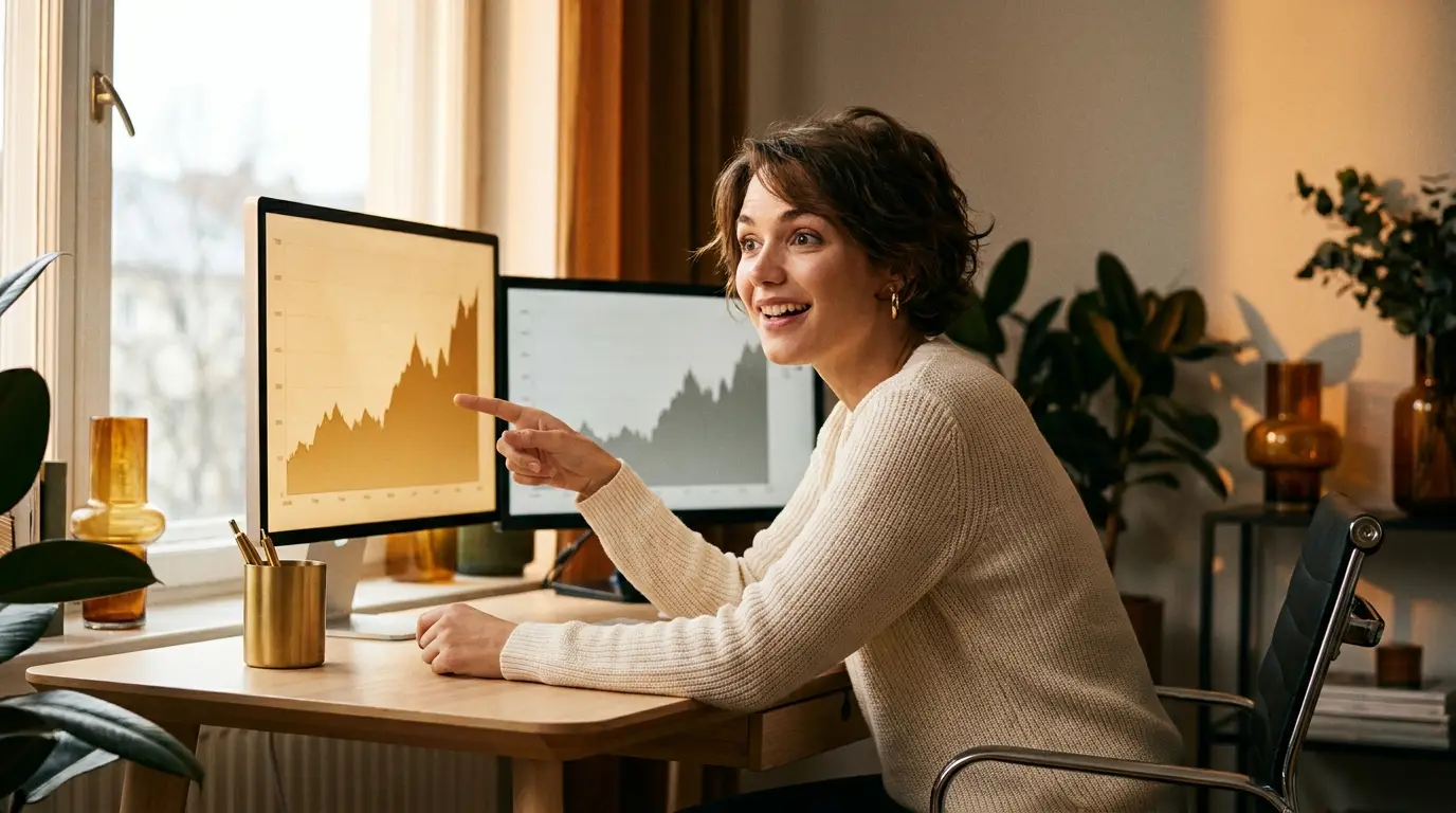 Mulher descobre o vencedor do teste A/B de copy ao analisar dois monitores com resultados distintos, iluminada por luz âmbar