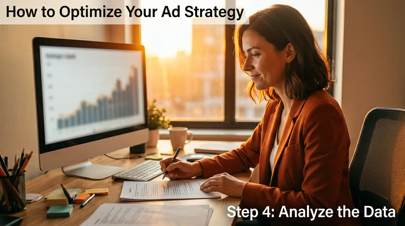 Profissional de marketing analisando roteiro de YouTube Ads no monitor com luz dourada cinematográfica ao fundo