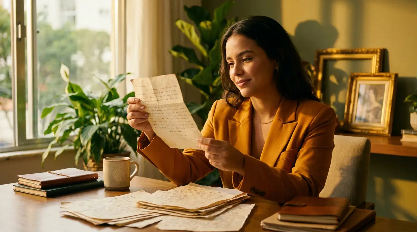 Mulher analisando depoimentos de clientes à luz dourada da tarde, descobrindo provas sociais para sua copy