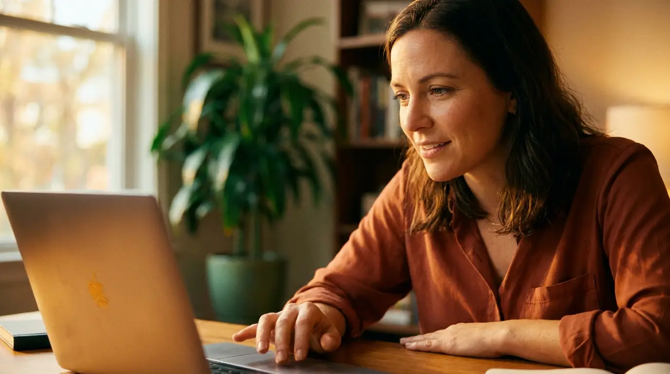 Mulher em home office tomando decisão de compra no laptop, com luz dourada e ambiente acolhedor