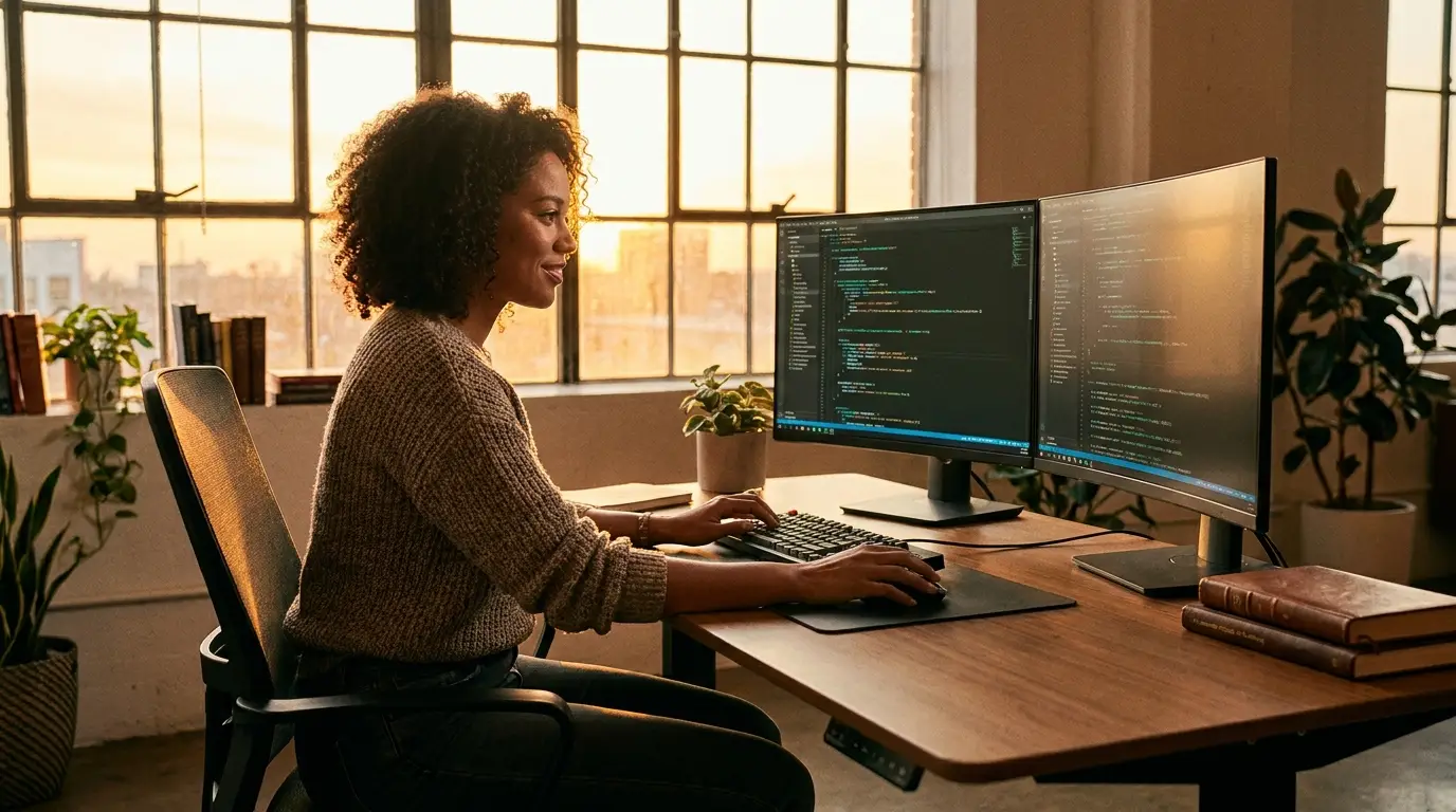 Profissional analisando textos gerados automaticamente por um agente de copy com Claude