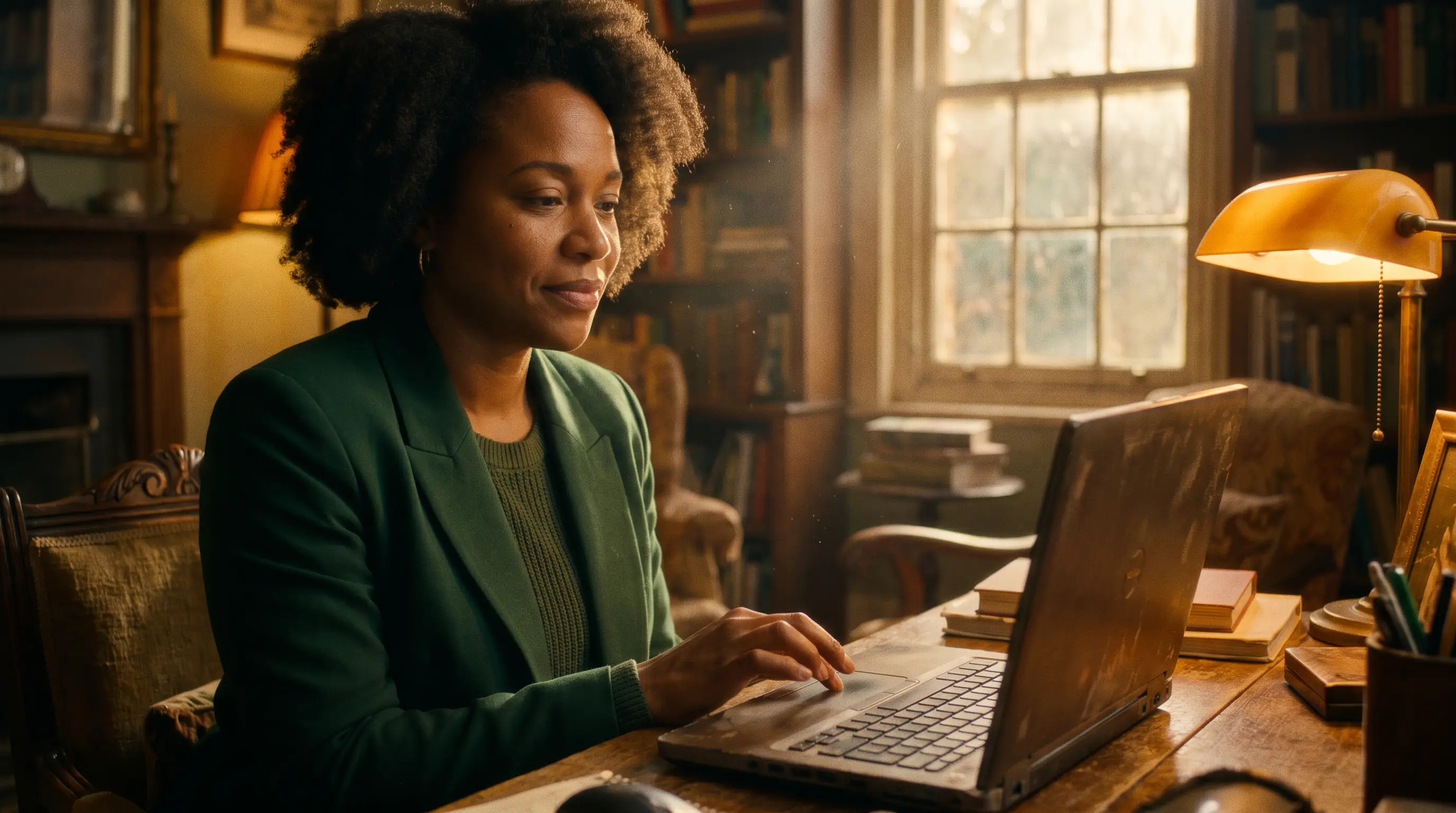 Mulher em home office ao entardecer, olhando o notebook com expressão de confiança e alívio no momento de decidir a compra