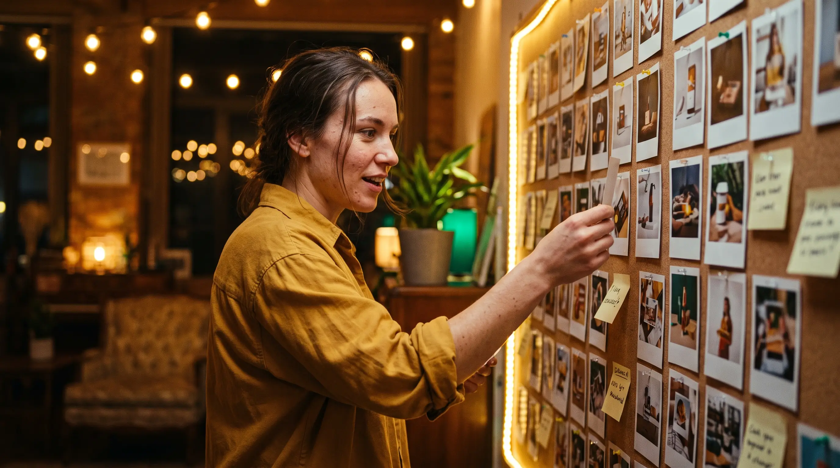 Profissional de criativos observando um mural com dezenas de miniaturas de anúncios em uma agência à noite, com expressão de descoberta