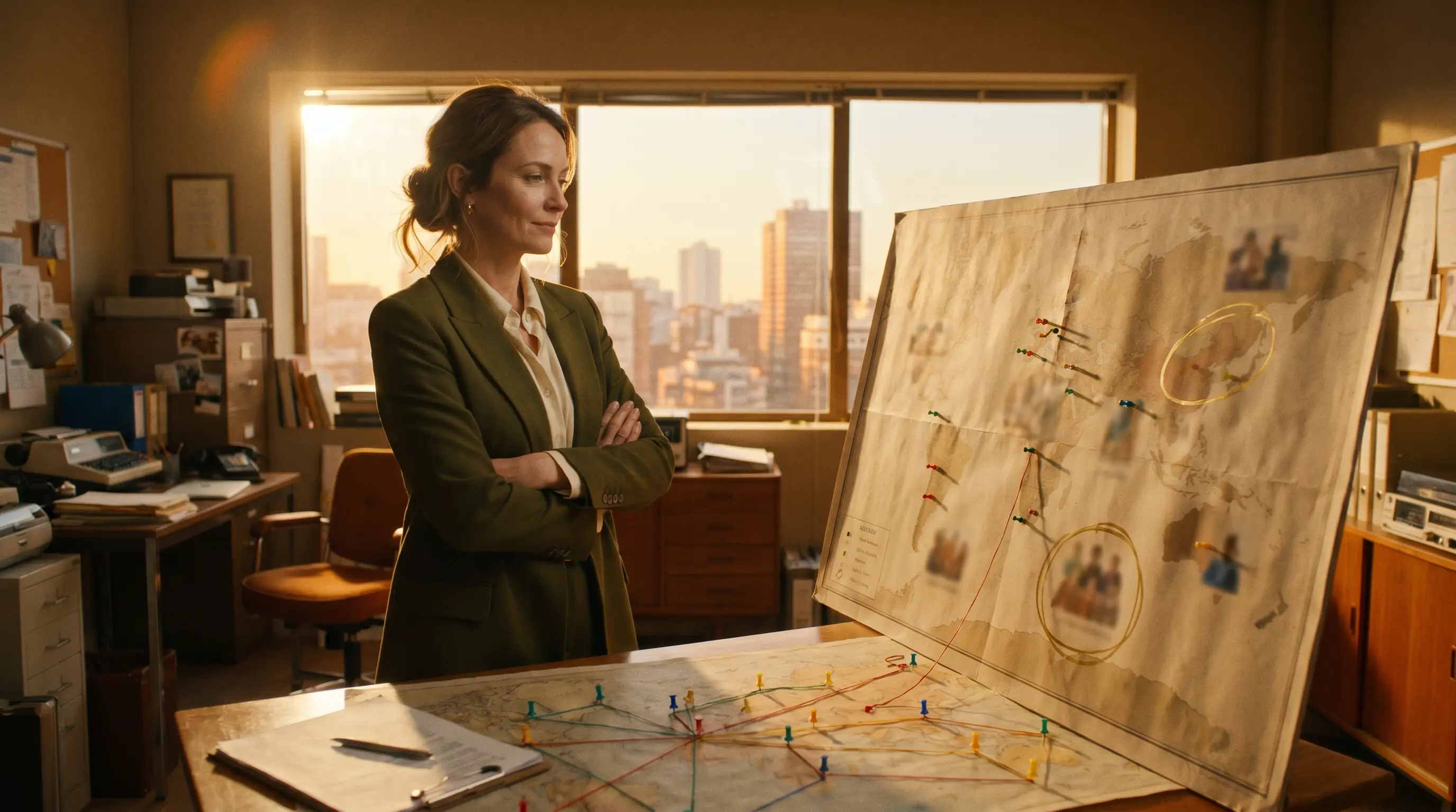 Gestora de tráfego observando um mapa amplo de público espalhado sobre a mesa, em um escritório iluminado por luz dourada de fim de tarde
