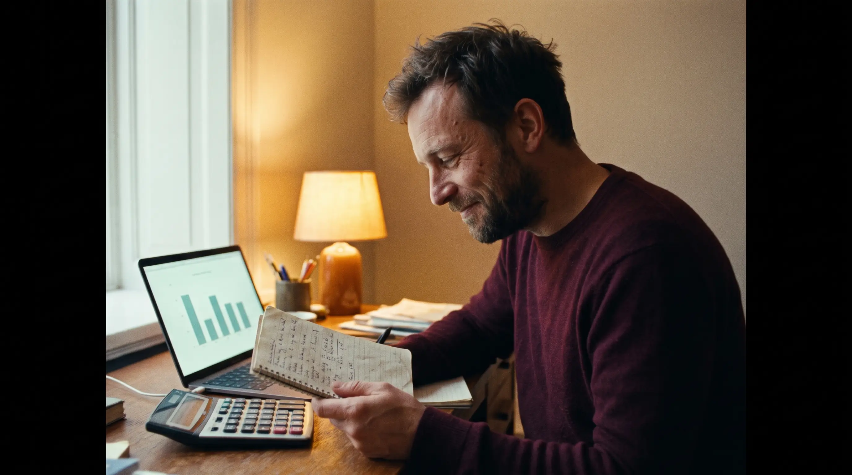 Empresário revisando um caderno financeiro anotado à mão ao lado do laptop, calculadora sobre a mesa, luz quente do início da manhã, expressão de clareza