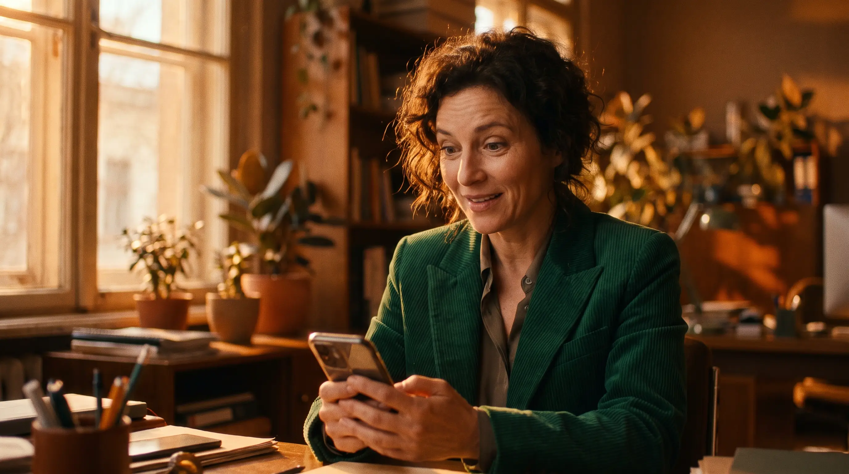 Mulher de blazer verde-esmeralda sentada à mesa perto de janela com luz dourada de fim de tarde, olhando para o celular com expressão de descoberta e satisfação