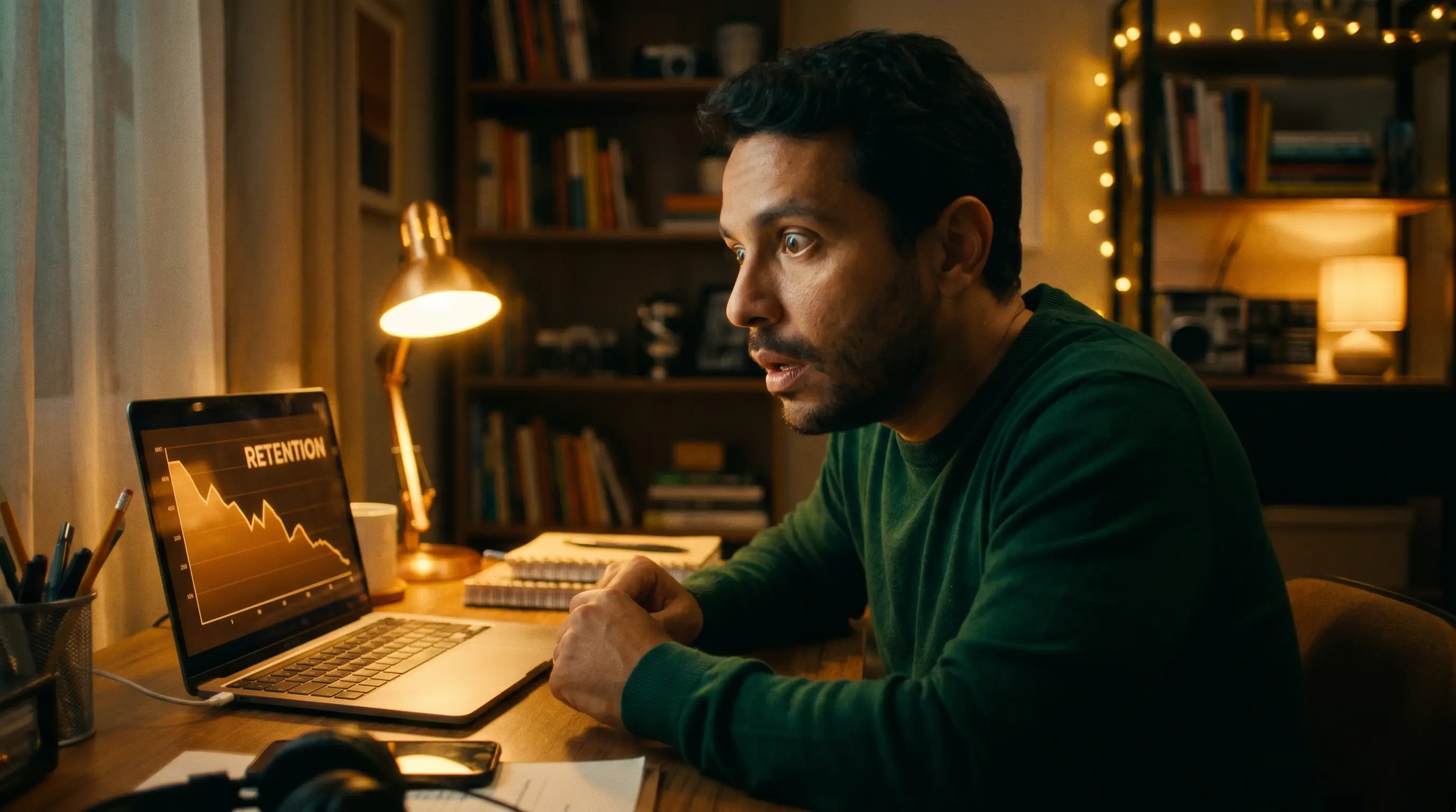 Homem em home studio à noite, com luz dourada, olhando com expressão de descoberta para um gráfico de retenção de vídeo no laptop