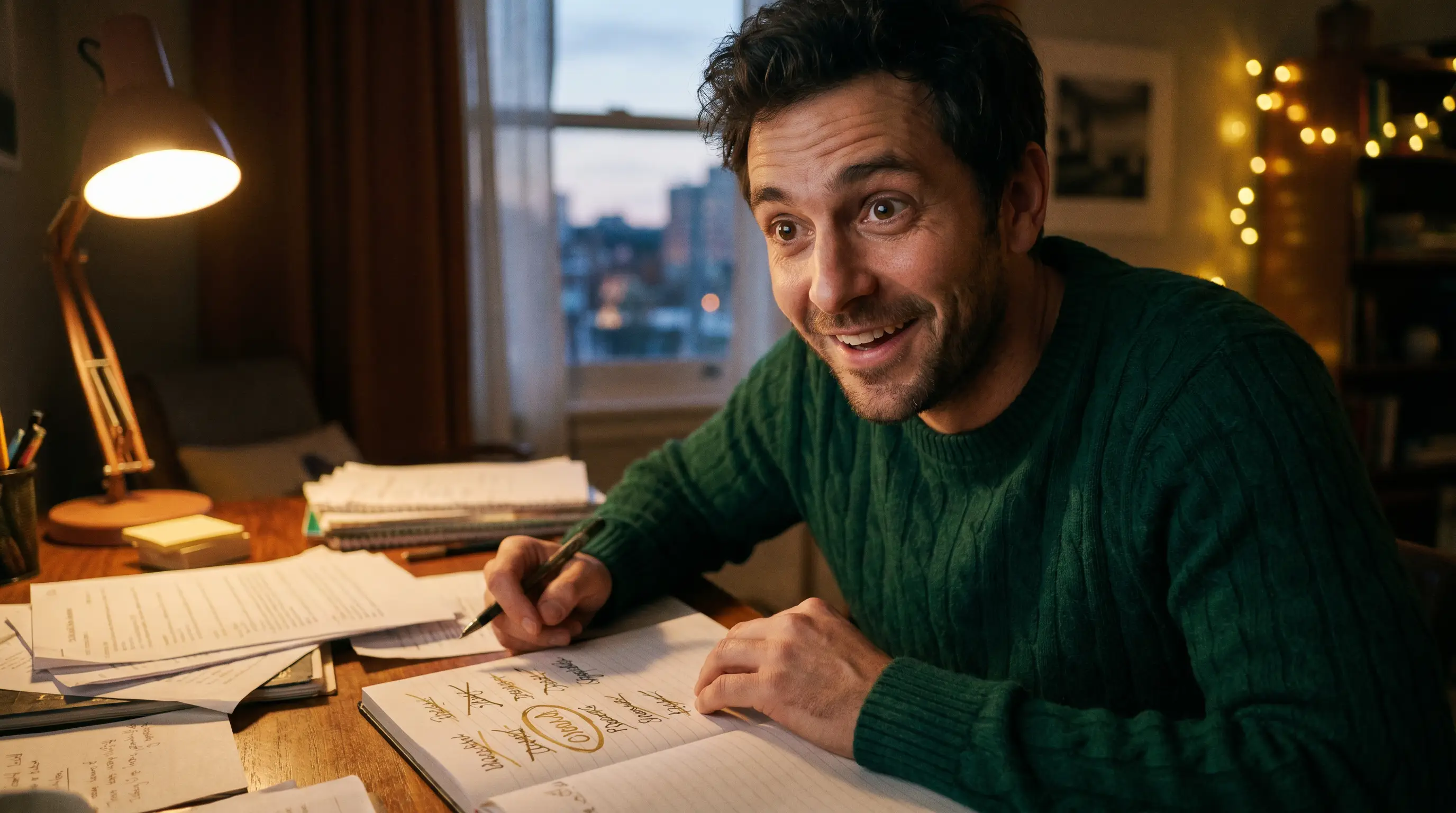 Empreendedor tendo um momento de insight em uma mesa de trabalho à noite, circulando uma palavra em dourado em meio a anotações, luz dourada cinematográfica