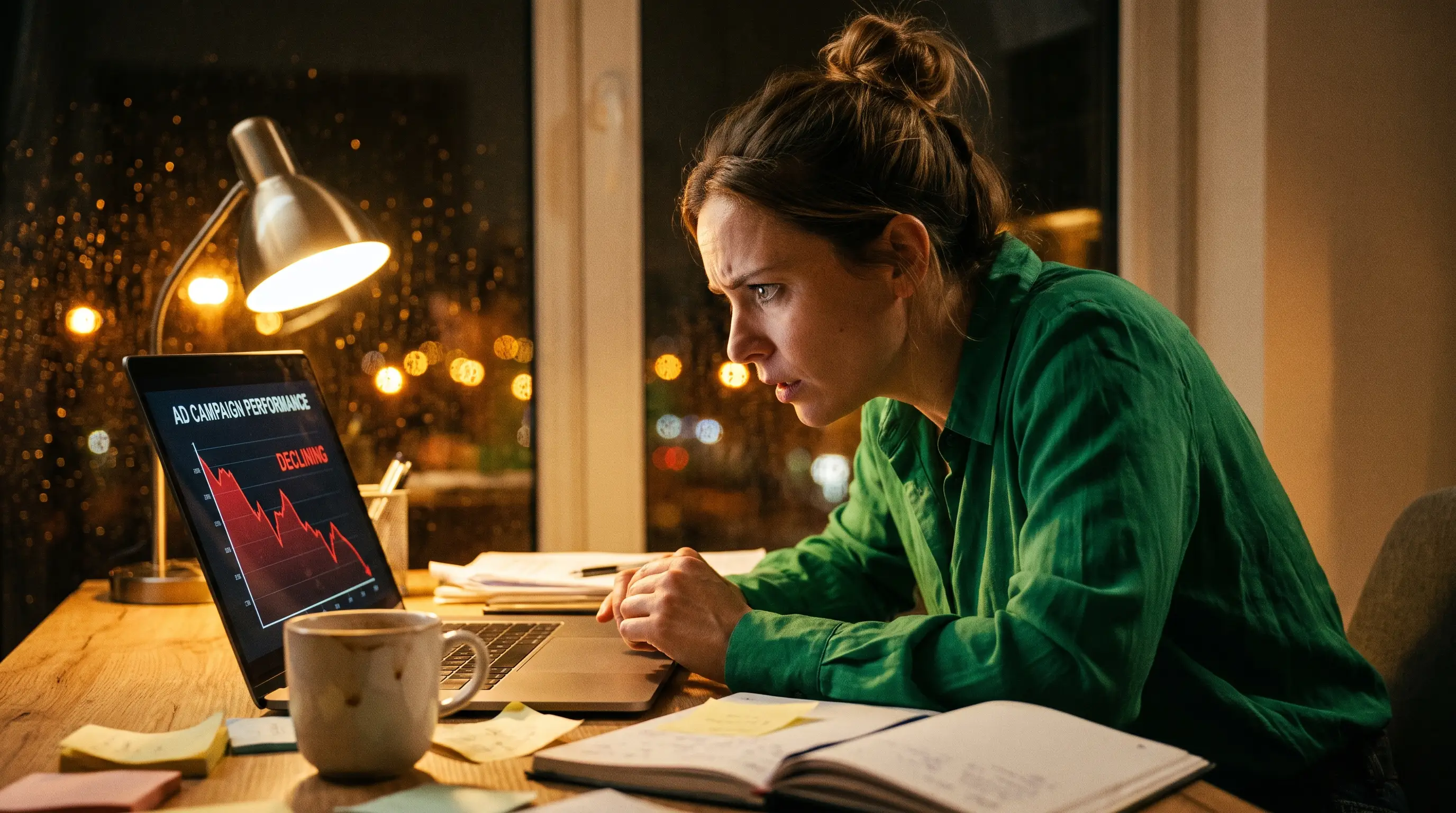 Mulher em home office observando à noite um gráfico de desempenho caindo na tela do laptop, luz quente de abajur e toques dourados