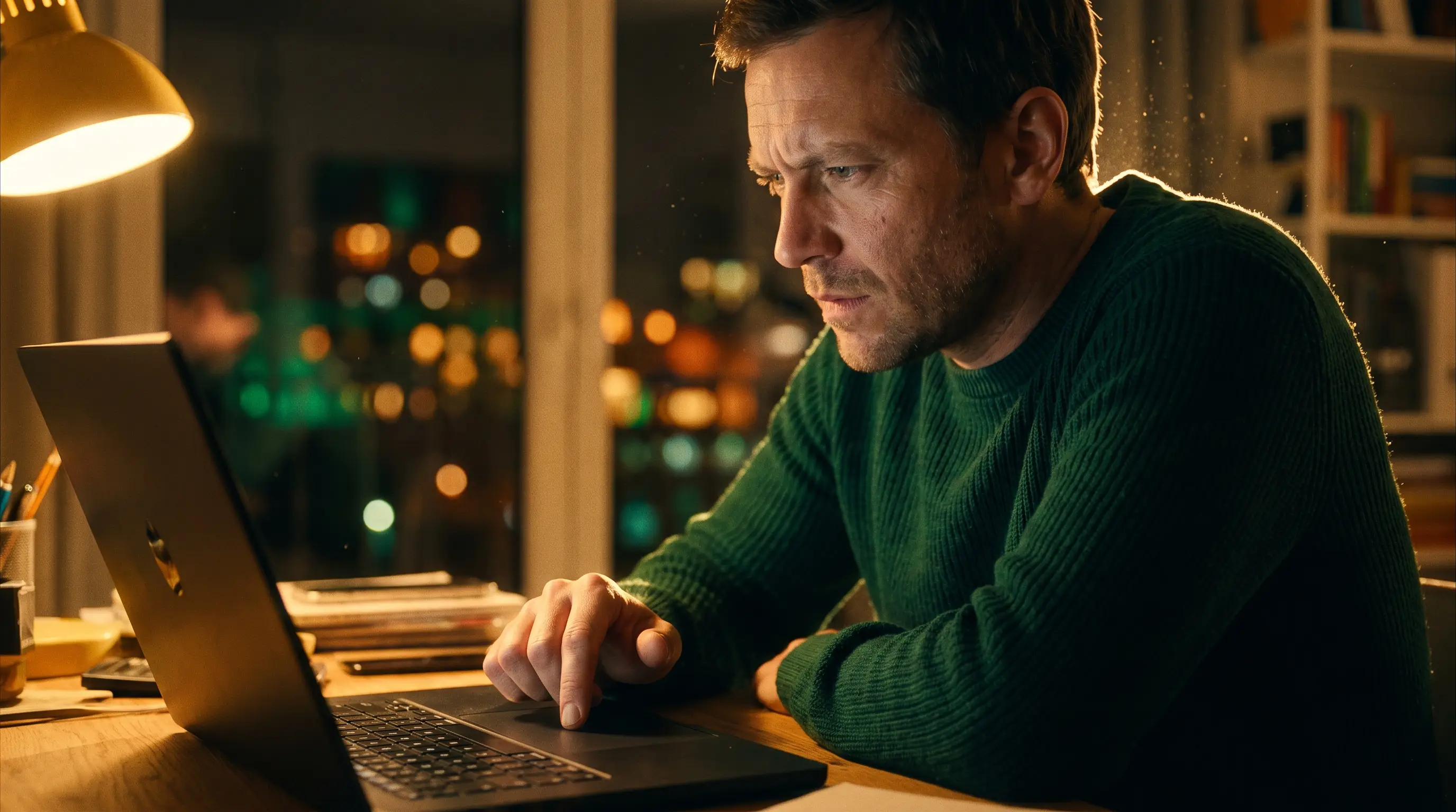 Homem em home office à noite, prestes a clicar no botão de compra, com expressão de decisão sob luz âmbar e dourada