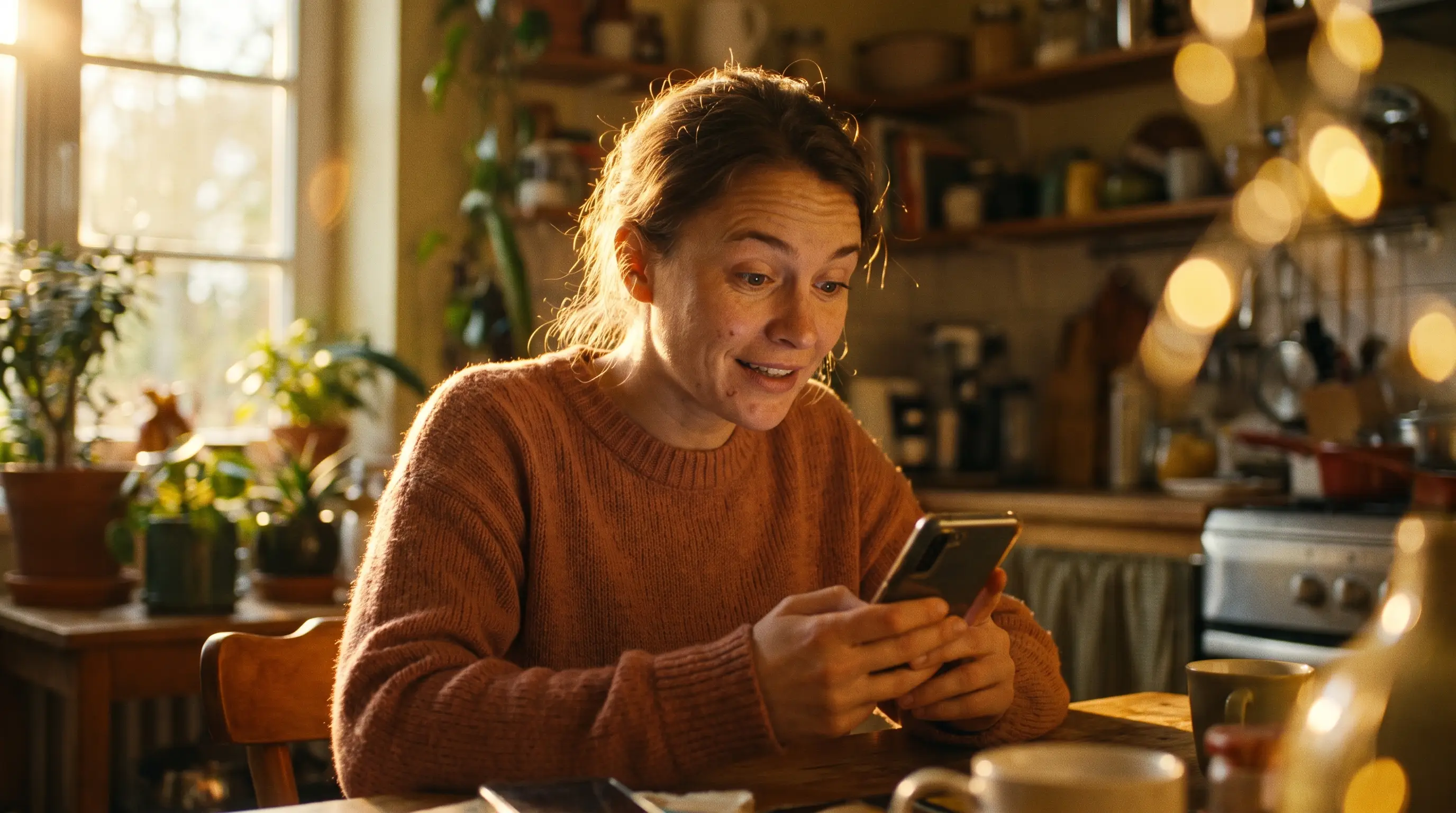 Mulher respondendo às últimas perguntas de um quiz no celular, com um lampejo de curiosidade no rosto, luz quente de fim de tarde em uma cozinha