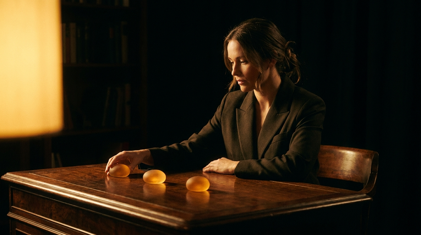 Estrategista de marketing sentado a uma mesa de escritório escura durante a noite, iluminado por luz dourada cinematográfica lateral, com três marcadores luminosos dispostos em sequência sobre a mesa como degraus de um caminho