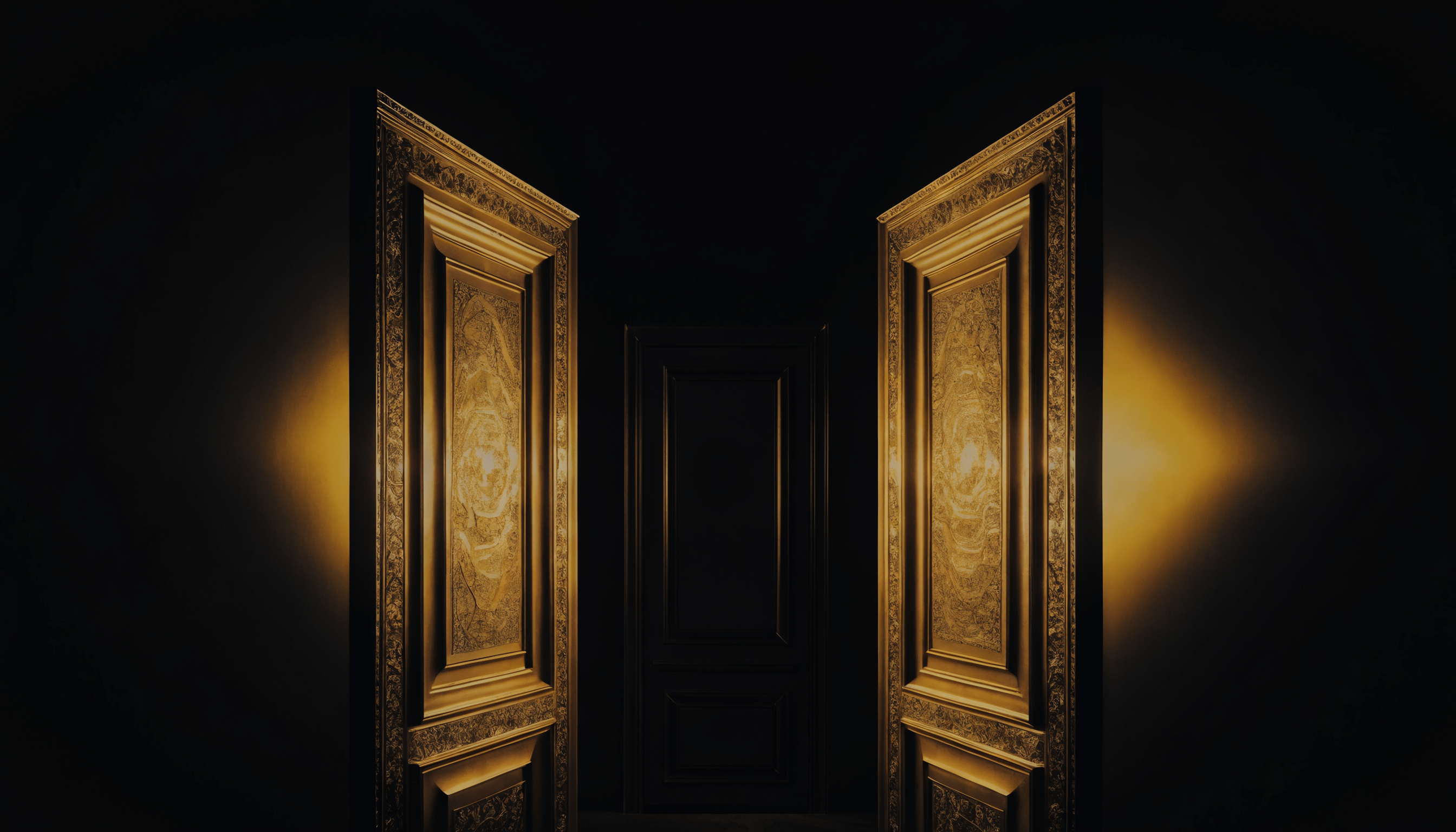 Três portas douradas em um corredor escuro, as duas laterais grandes e iluminadas, a do meio pequena e sem luz, metáfora da técnica das 2 ou 3 opções de fechamento