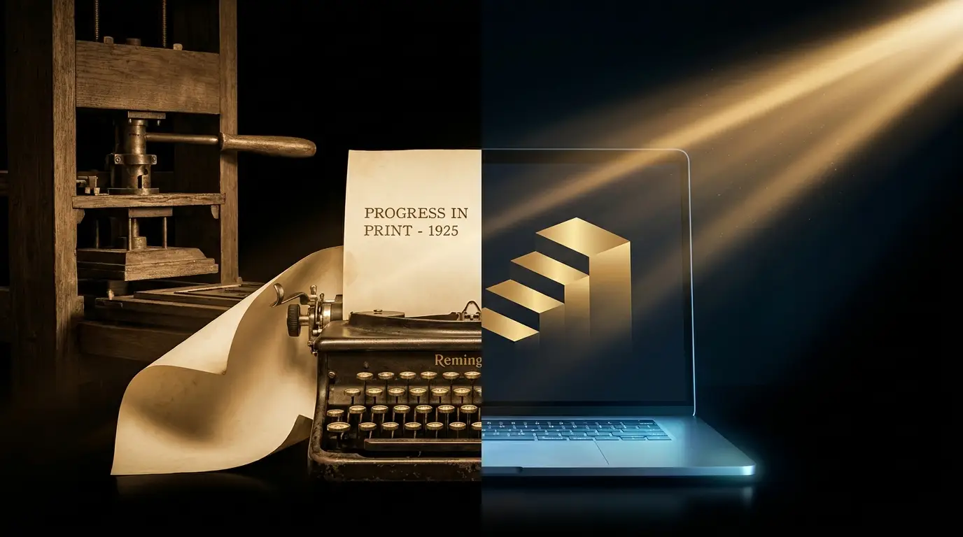 Cena editorial cinematográfica dividindo uma prensa e uma máquina de escrever antigas de um lado e uma tela moderna com linhas douradas em degraus do outro, unidas por um feixe de luz dourada sobre fundo preto