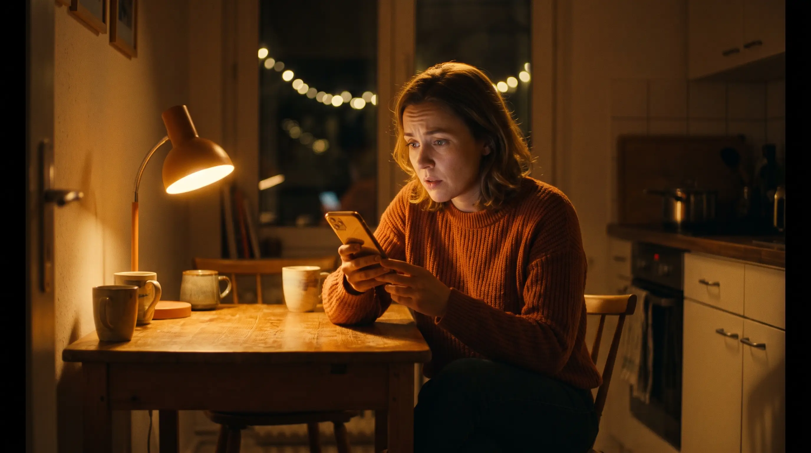 Mulher sentada sozinha à mesa à noite, olhando para o celular com expressão de decisão à luz quente e dourada de uma lâmpada, momento em que percebe que um prazo está acabando