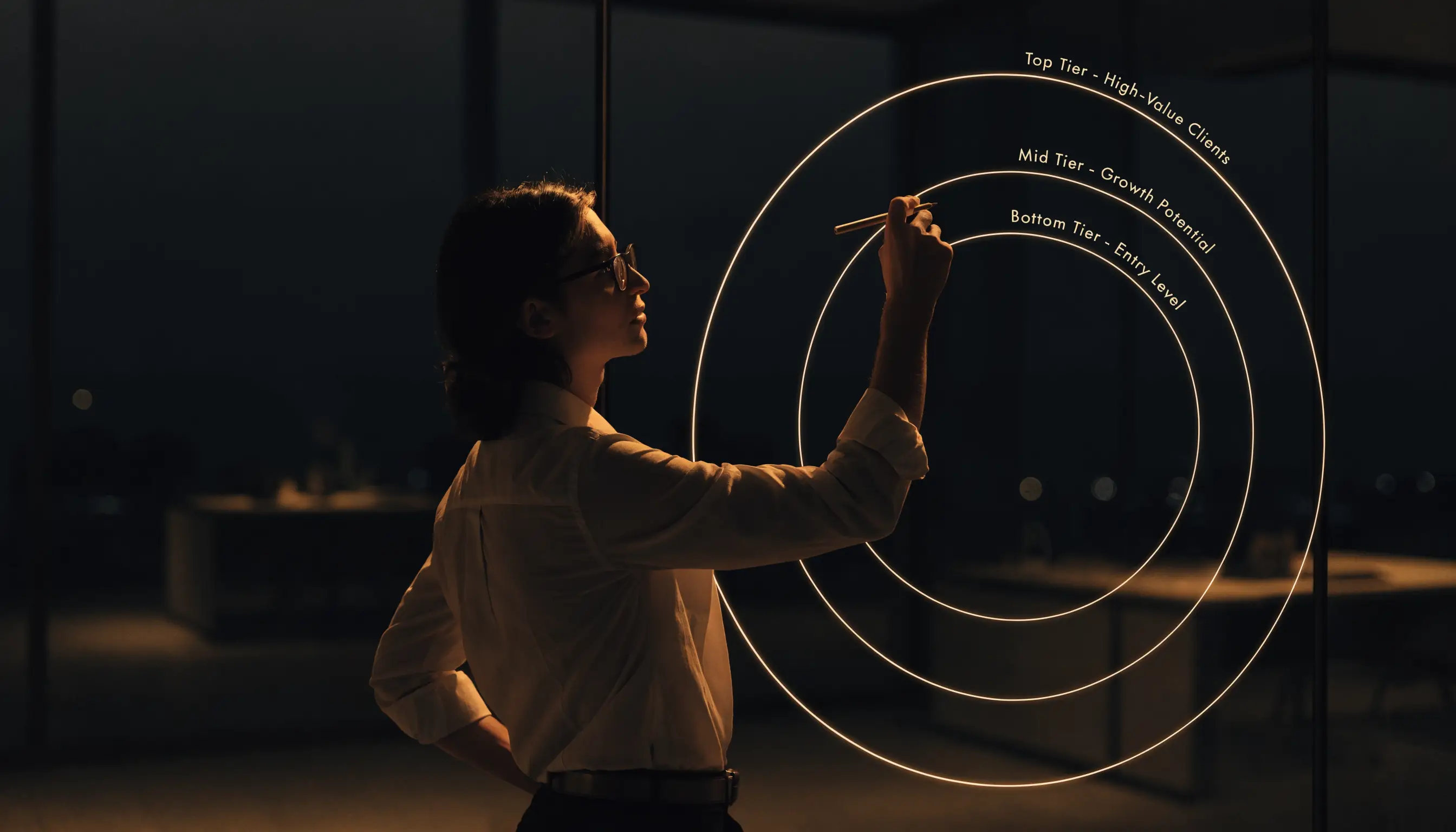 Estrategista de marketing desenhando três círculos concêntricos em dourado sobre um vidro escuro à noite, representando as camadas de mercado