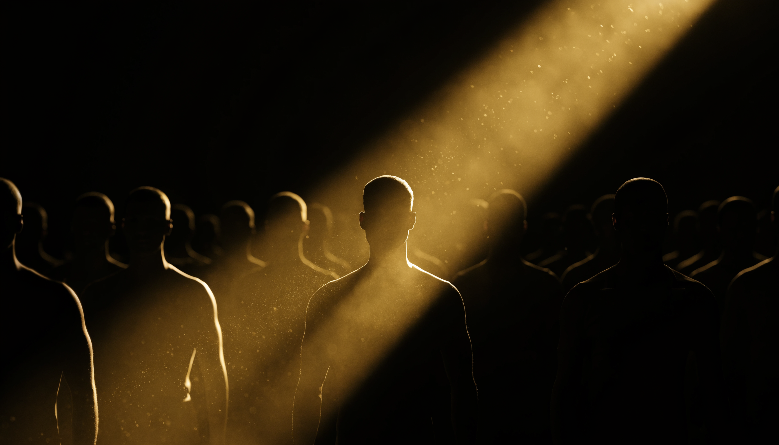 Fileira de silhuetas escuras idênticas contra um fundo preto, um único feixe de luz dourada cinematográfica iluminando apenas uma delas no meio da fileira, metáfora de ser reconhecido especificamente em meio a todos