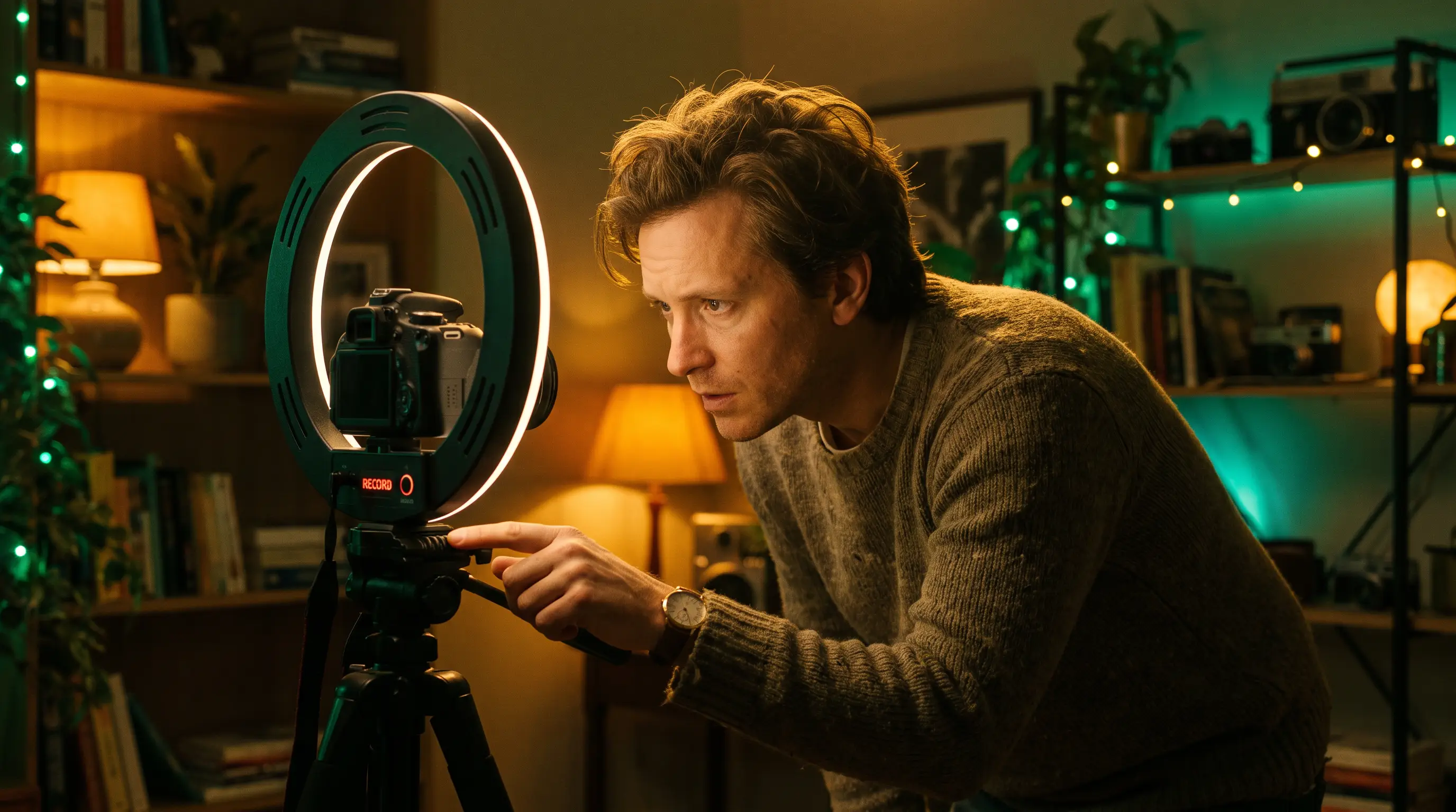 Criador de conteúdo em casa, à noite, no instante em que estende a mão para ligar a câmera e gravar uma VSL, luz cinematográfica quente com toques dourados